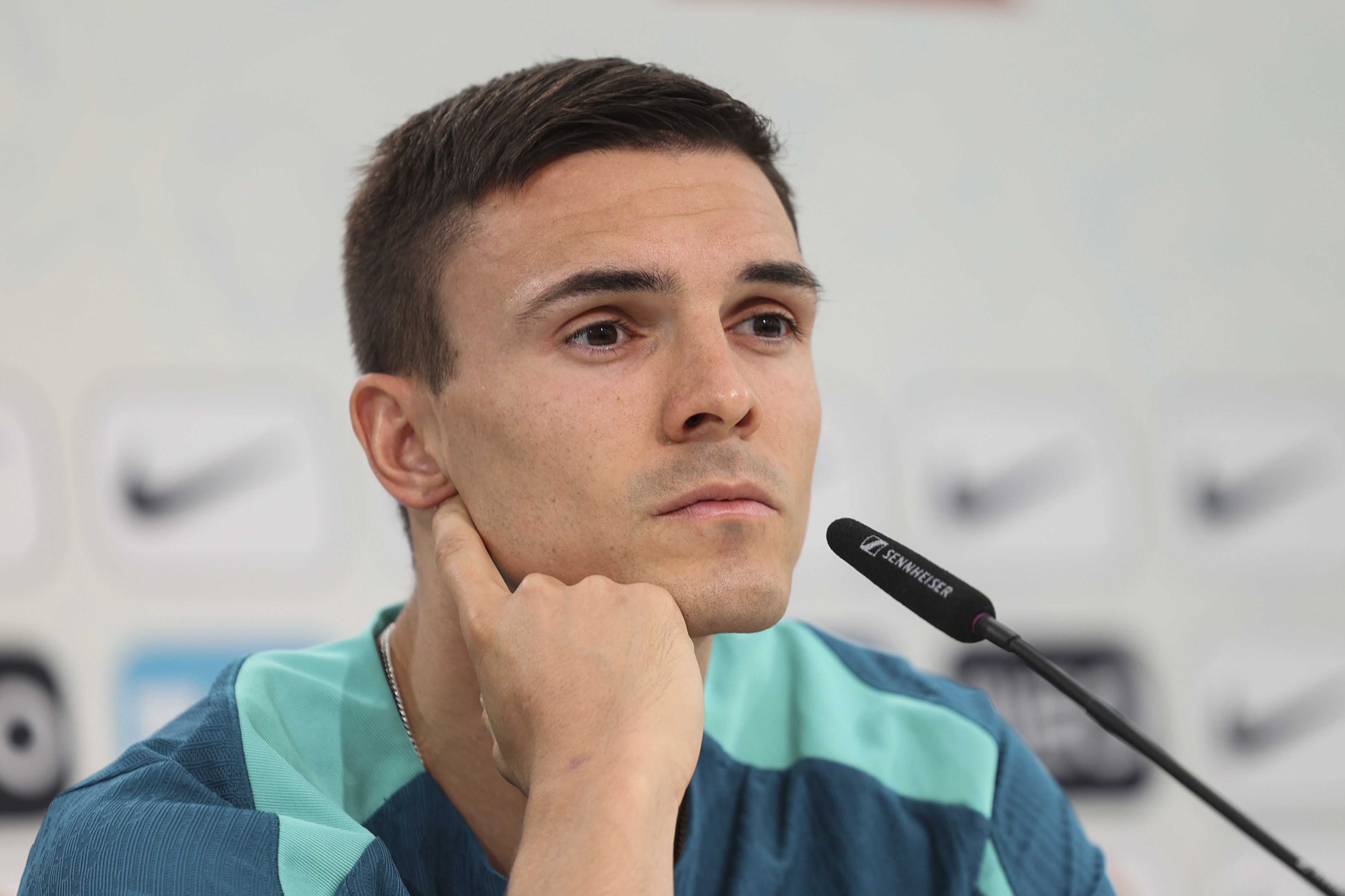 Harsewinkel (Germany), 29/06/2024.- Portugal national soccer team player Joao Palhinha attends Portugal press conference in Marienfeld, Harsewinkel, Germany, 29 June 2024. Portugal plays Slovenia in a UEFA EURO 2024 round of 16 match on 01 July. (Alemania, Eslovenia) EFE/EPA/MIGUEL A. LOPES