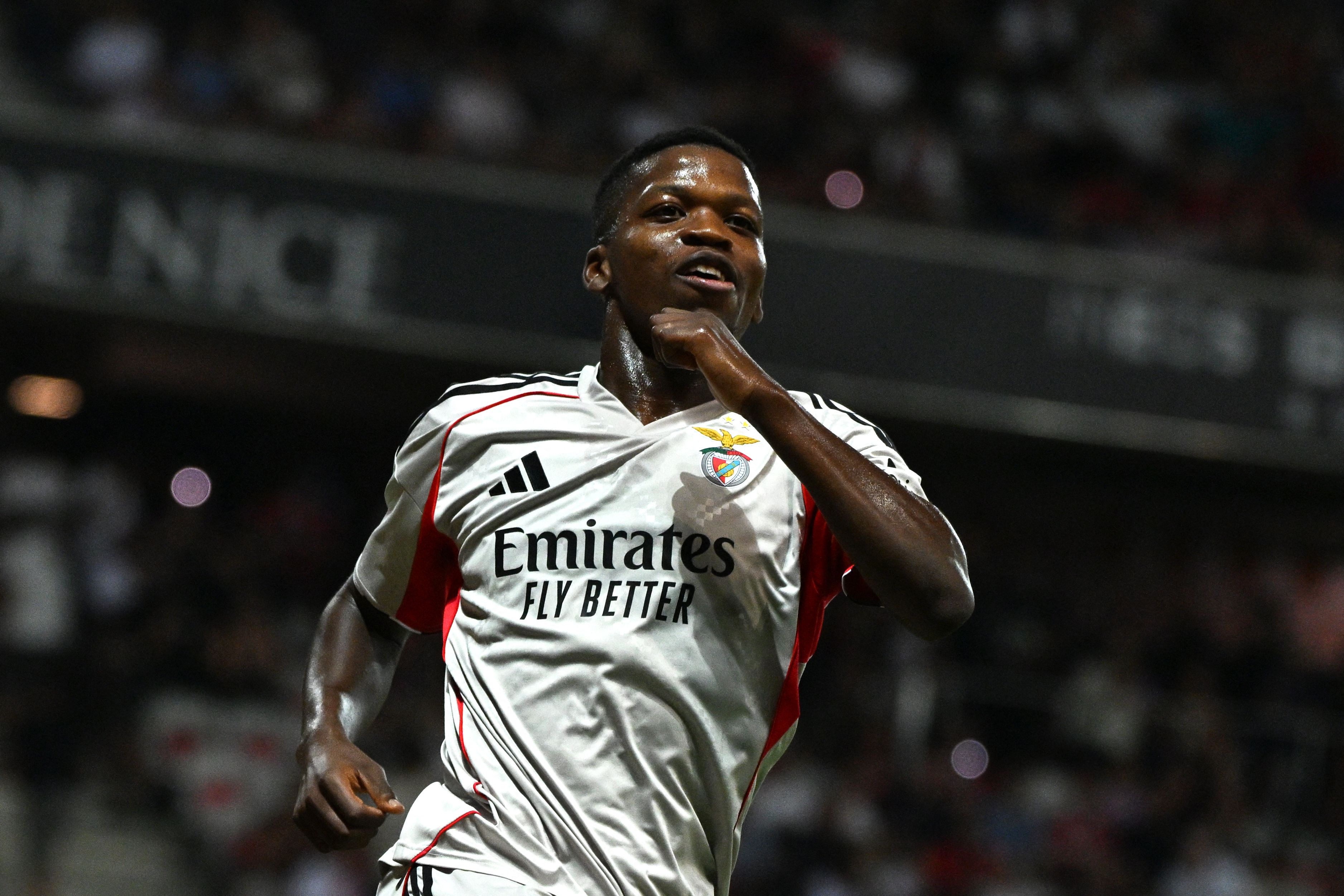 Benfica's Portuguese midfielder #61 Florentino celebrates scoring his team's second goal during the UEFA Champions League 3rd round first leg football match between OGC Nice and SL Benfica at the Allianz Riviera Stadium in Nice, south-eastern, on August 6, 2025. (Photo by Miguel MEDINA / AFP)