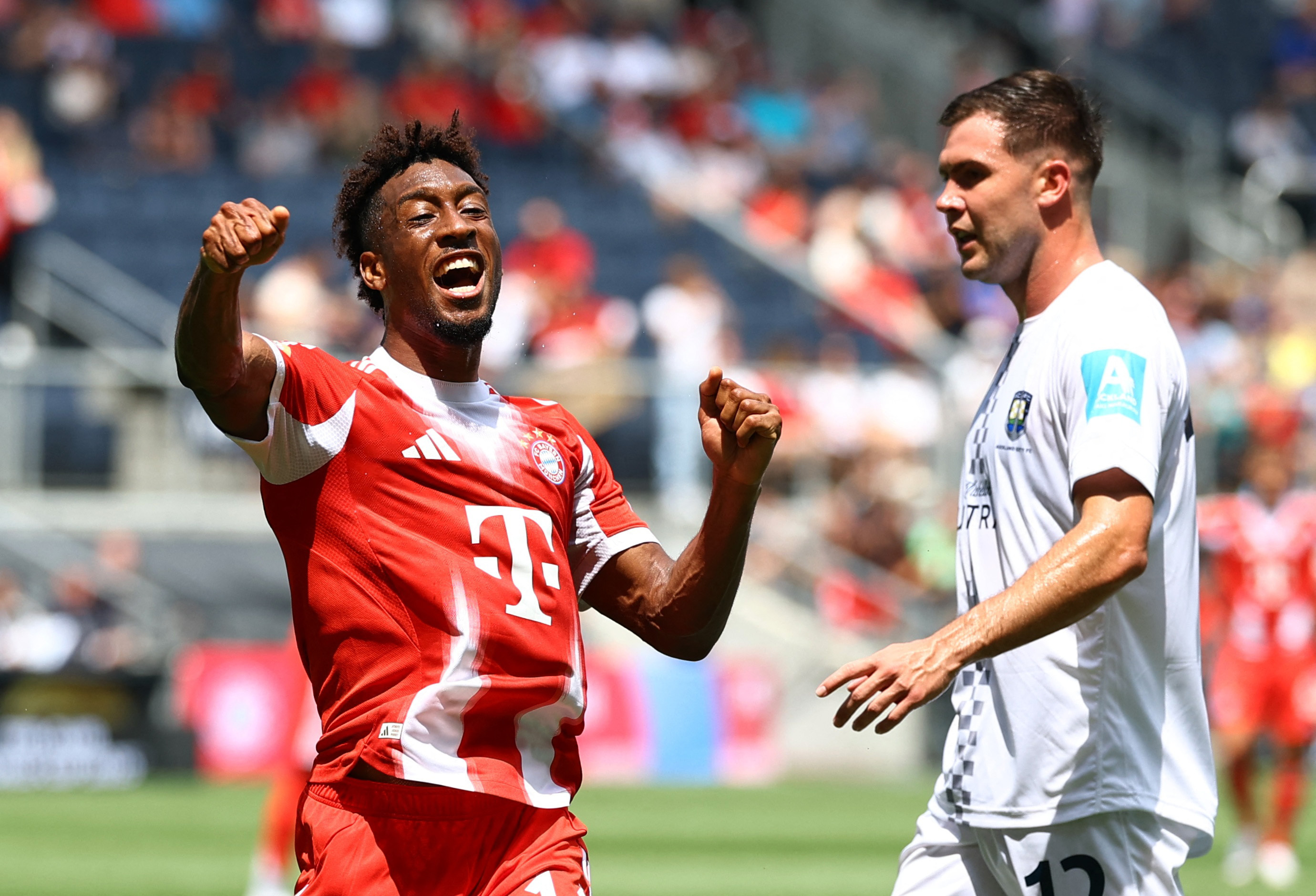 Soccer Football - Club World Cup - Group C - Bayern Munich v Auckland City - TQL Stadium, Cincinnati, Ohio, U.S. - June 15, 2025 Bayern Munich's Kingsley Coman celebrates scoring their fourth goal REUTERS/Kai Pfaffenbach