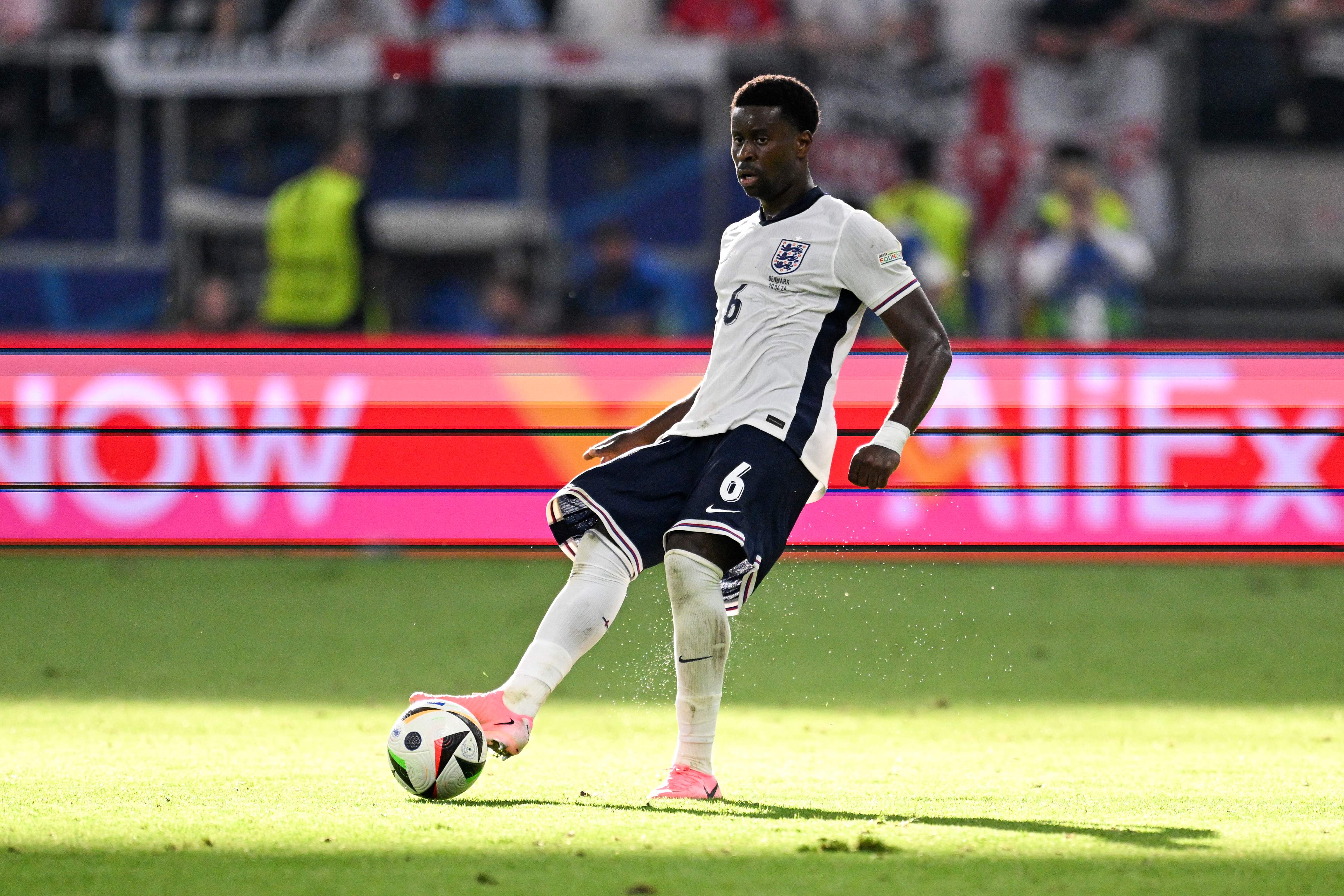 England's defender #06 Marc Guehi controls the ball during the UEFA Euro 2024 Group C football match between Denmark and England at the Frankfurt Arena in Frankfurt am Main on June 20, 2024. (Photo by Kirill KUDRYAVTSEV / AFP)