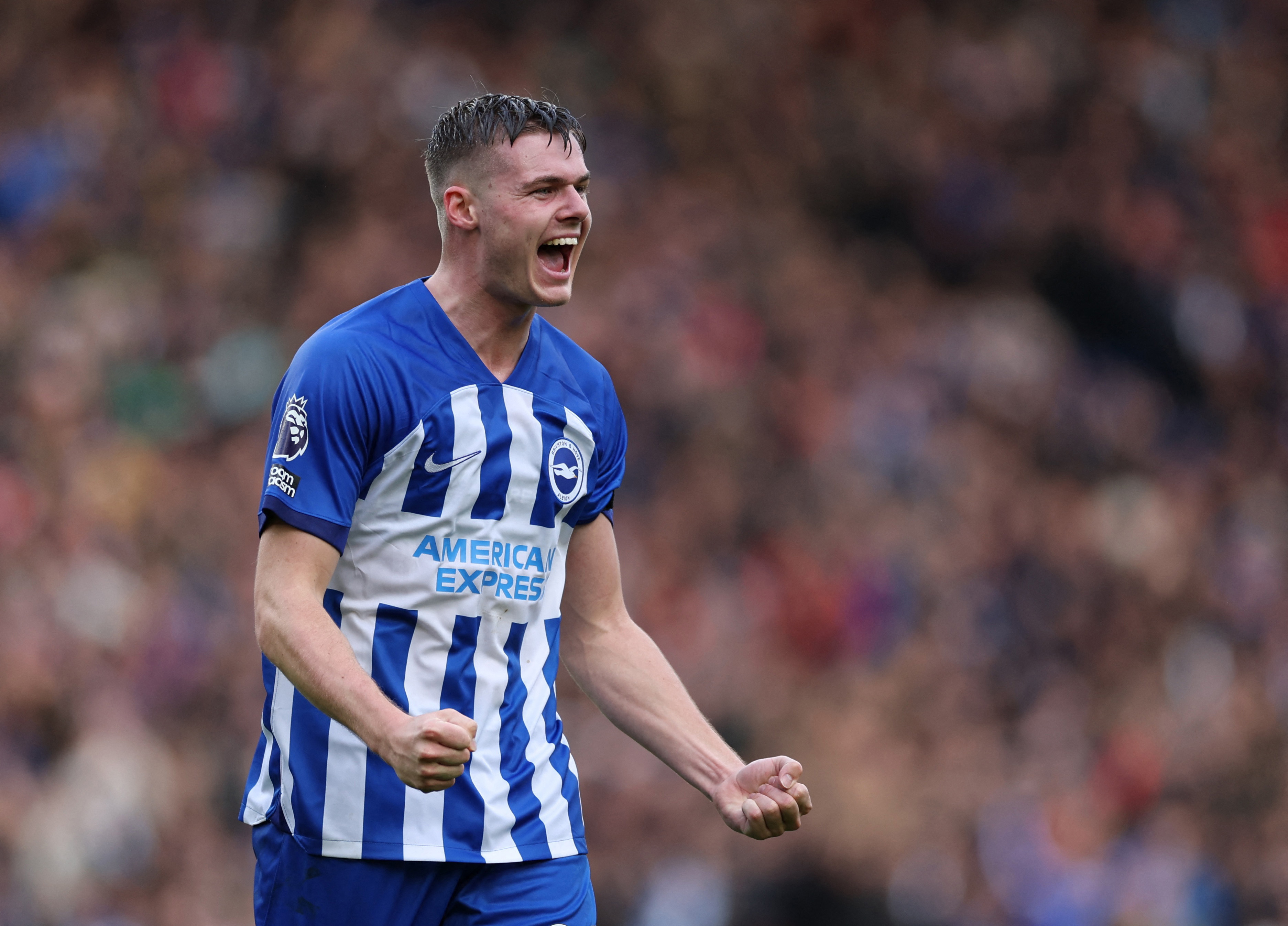 Soccer Football - Premier League - Brighton & Hove Albion v Fulham - The American Express Community Stadium, Brighton, Britain - October 29, 2023 Brighton & Hove Albion's Evan Ferguson celebrates scoring their first goal REUTERS/Ian Walton NO USE WITH UNAUTHORIZED AUDIO, VIDEO, DATA, FIXTURE LISTS, CLUB/LEAGUE LOGOS OR 'LIVE' SERVICES. ONLINE IN-MATCH USE LIMITED TO 45 IMAGES, NO VIDEO EMULATION. NO USE IN BETTING, GAMES OR SINGLE CLUB/LEAGUE/PLAYER PUBLICATIONS.
