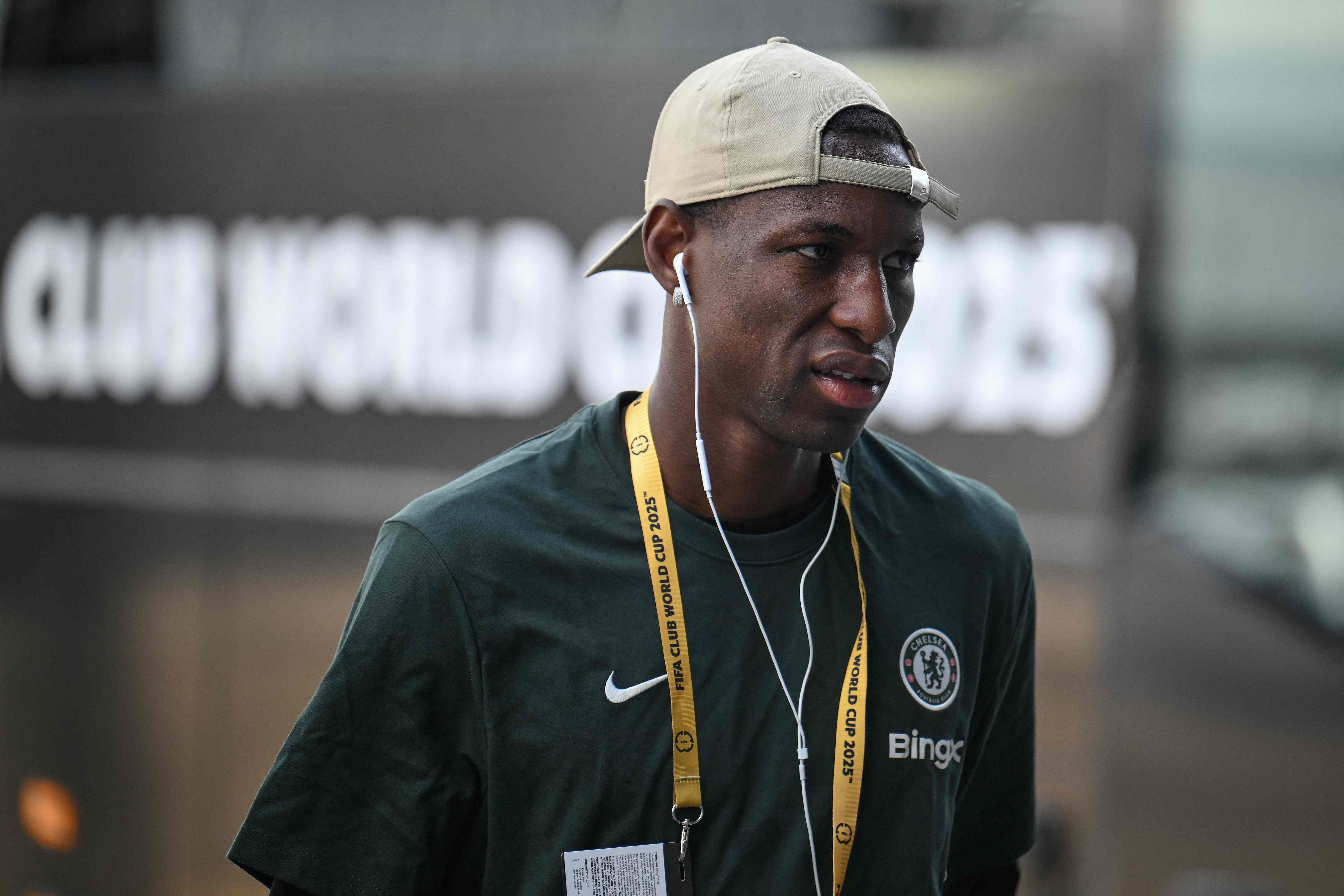 Chelsea's Senegalese striker #15 Nicolas Jackson arrives at the stadium ahead of the FIFA Club World Cup 2025 semifinal football match between Brazil's Fluminense and England's Chelsea at the MetLife stadium in East Rutherford, New Jersey on July 8, 2025. (Photo by ANGELA WEISS / AFP)
