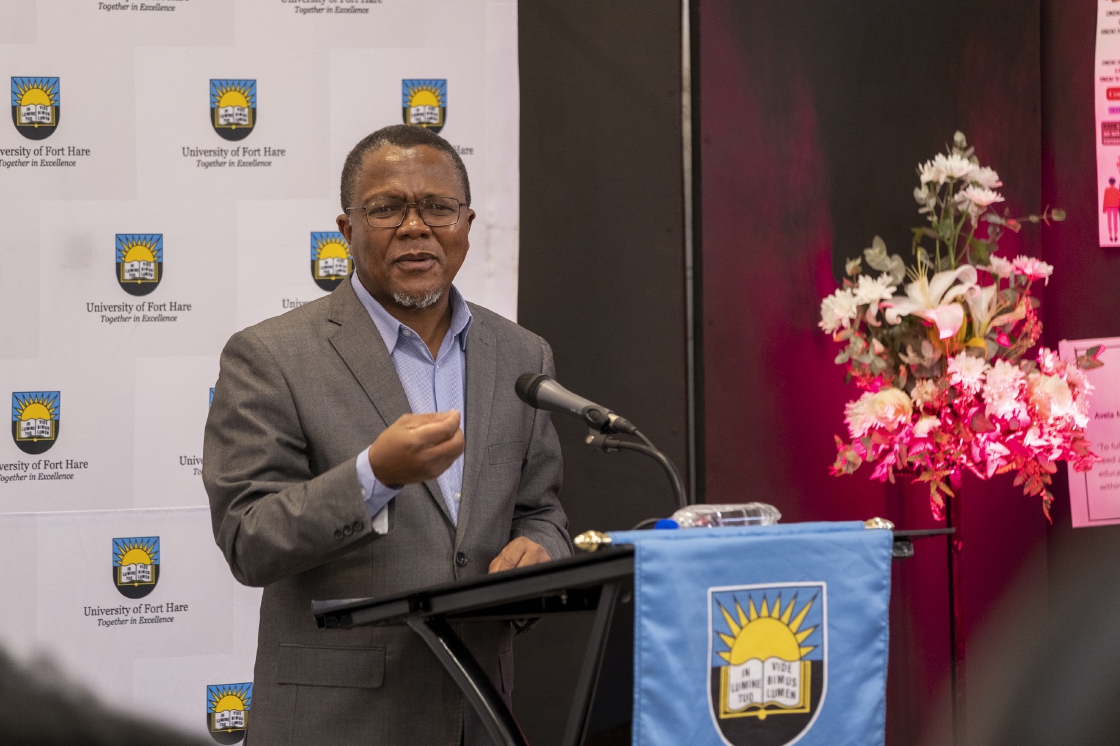 Archive photograph of Professor Sakhela Buhlungu speaking at a University of Fort Hare lectern in 2025