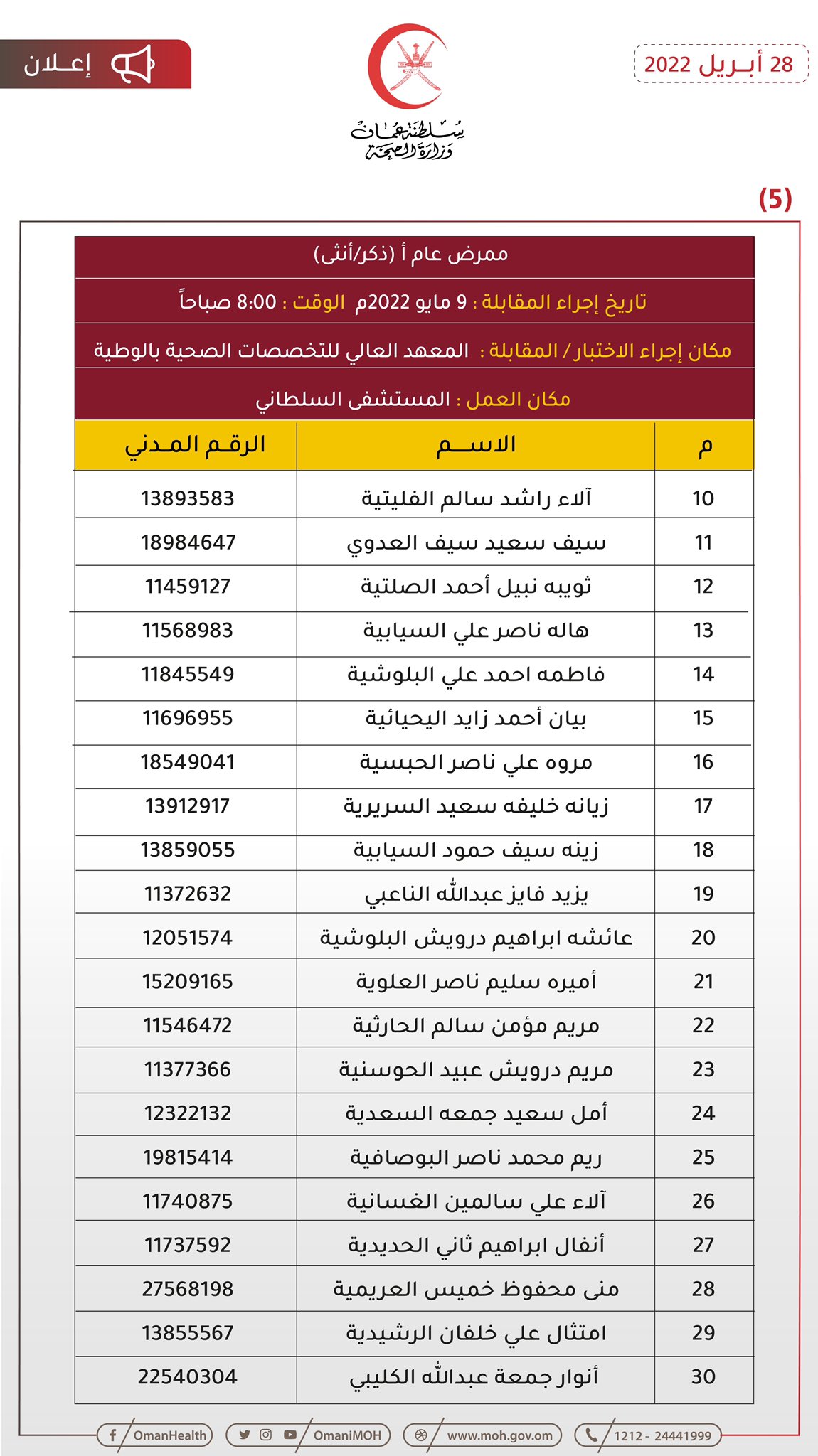 للمتقدمين لوظيفة ممرض: الصحة تنشر مواعيد مقابلاتكم
