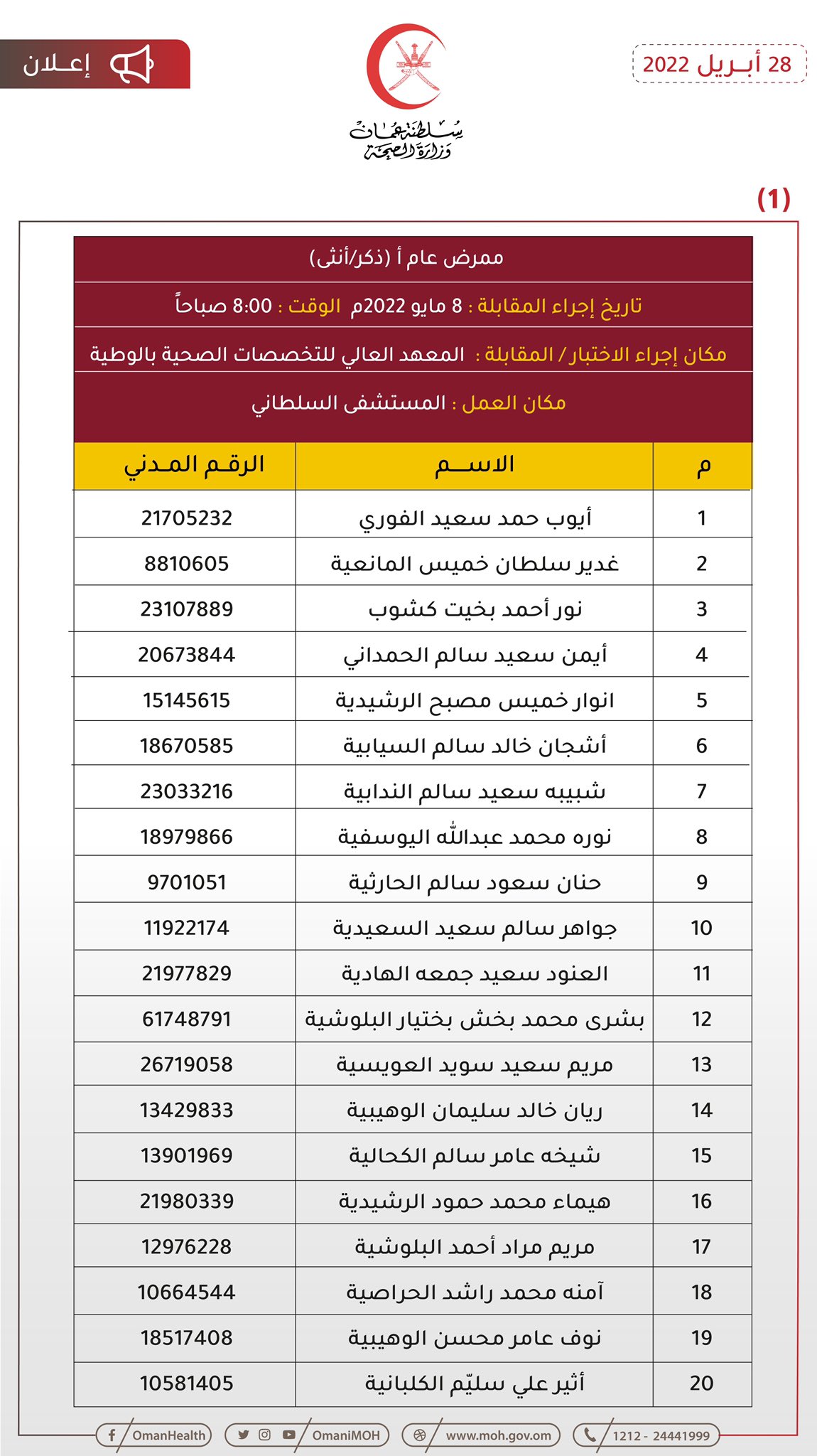 للمتقدمين لوظيفة ممرض: الصحة تنشر مواعيد مقابلاتكم