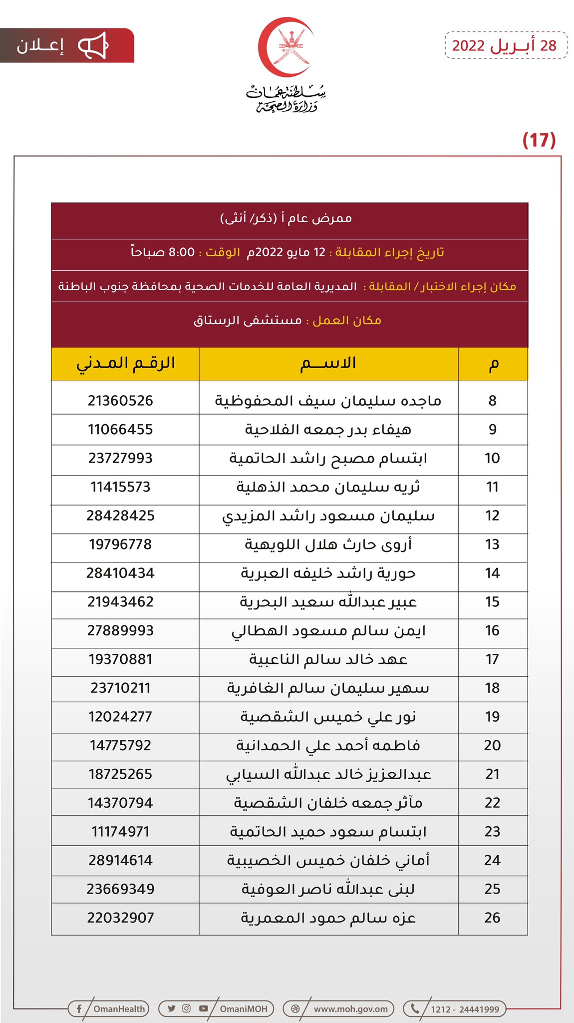 للمتقدمين لوظيفة ممرض: الصحة تنشر مواعيد مقابلاتكم