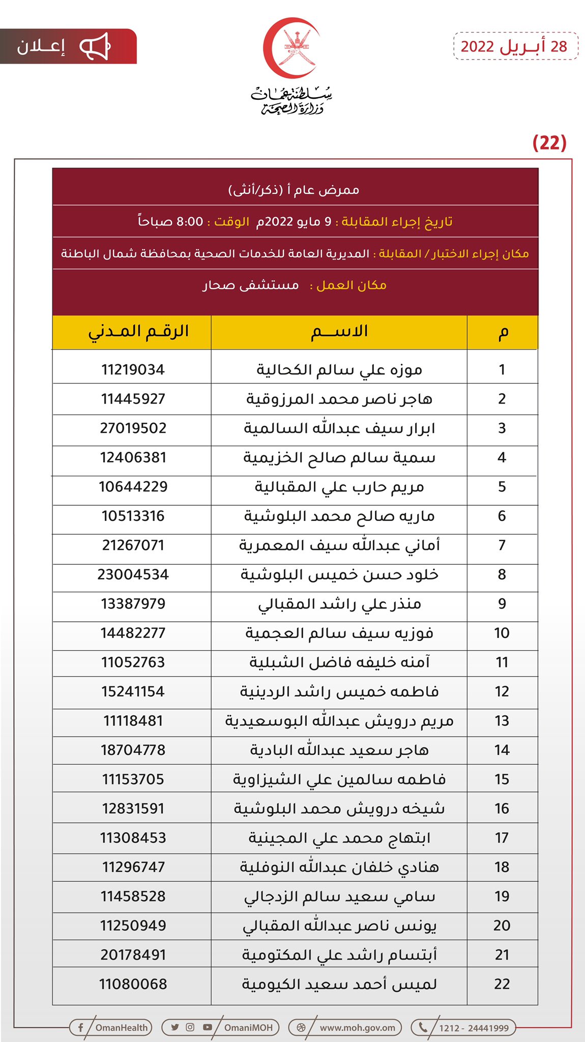 للمتقدمين لوظيفة ممرض: الصحة تنشر مواعيد مقابلاتكم