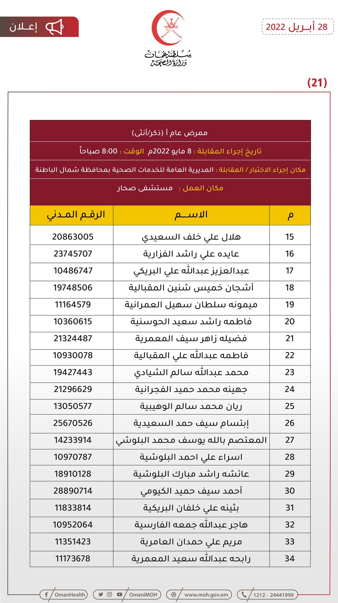 للمتقدمين لوظيفة ممرض: الصحة تنشر مواعيد مقابلاتكم