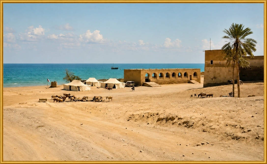 المجلس الذي شهد استقبال السلطان قابوس قريبًا من قلعة صحار
