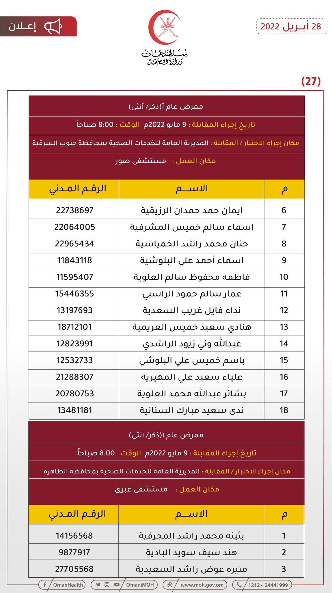للمتقدمين لوظيفة ممرض: الصحة تنشر مواعيد مقابلاتكم