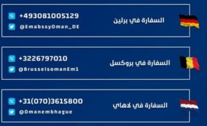 سفارات السلطنة في برلين وبروكسل ولاهاي تضع أرقامًا للتواصل معها