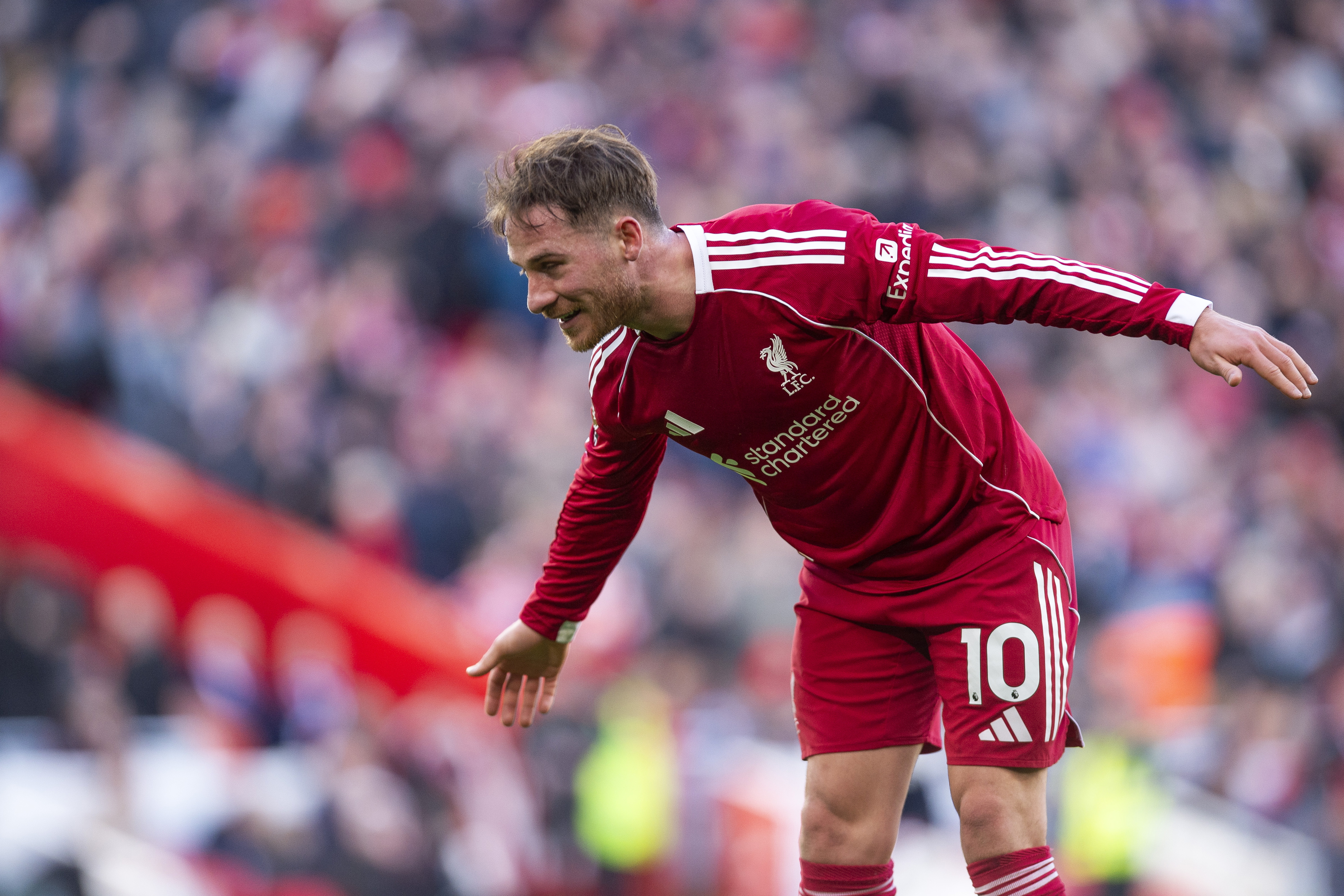 LIVERPOOL (United Kingdom), 28/02/2026.- Alexis Mac Allister of Liverpool celebrates scoring the 3-0 goal during the English Premier League soccer match of Liverpool FC against West Ham United, in Liverpool, Britain, 28 February 2026. (Reino Unido) EFE/EPA/PETER POWELL EDITORIAL USE ONLY. No use with unauthorized audio, video, data, fixture lists, club/league logos, 'live' services or NFTs. Online in-match use limited to 120 images, no video emulation. No use in betting, games or single club/league/player publications.