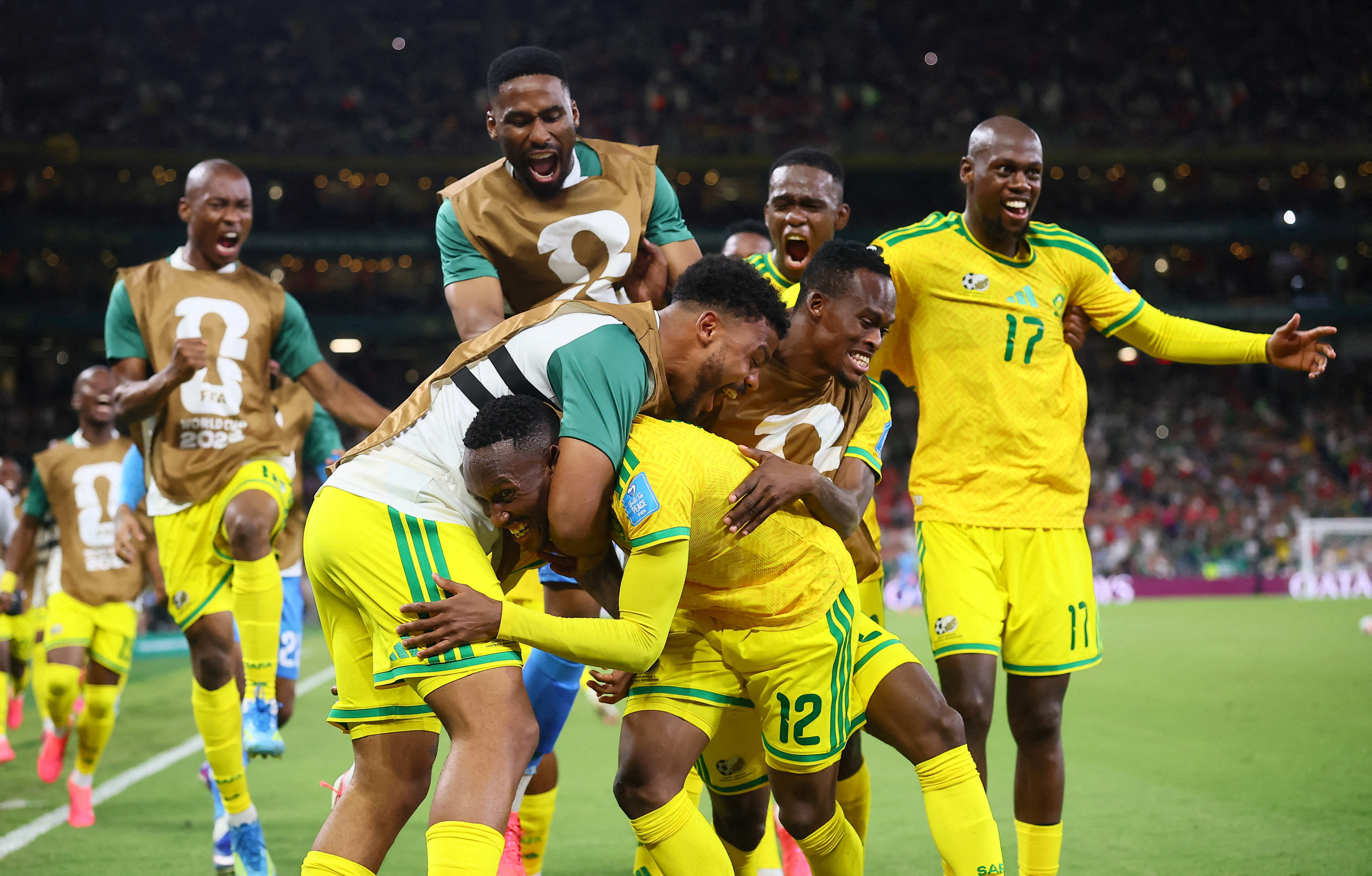 Soccer Football - FIFA World Cup 2026 - Group A - South Africa v South Korea - Estadio Monterrey, Monterrey, Mexico - June 24, 2026 South Africa's Thapelo Maseko celebrates scoring their first goal with teammates REUTERS/Eloisa Sanchez     TPX IMAGES OF THE DAY