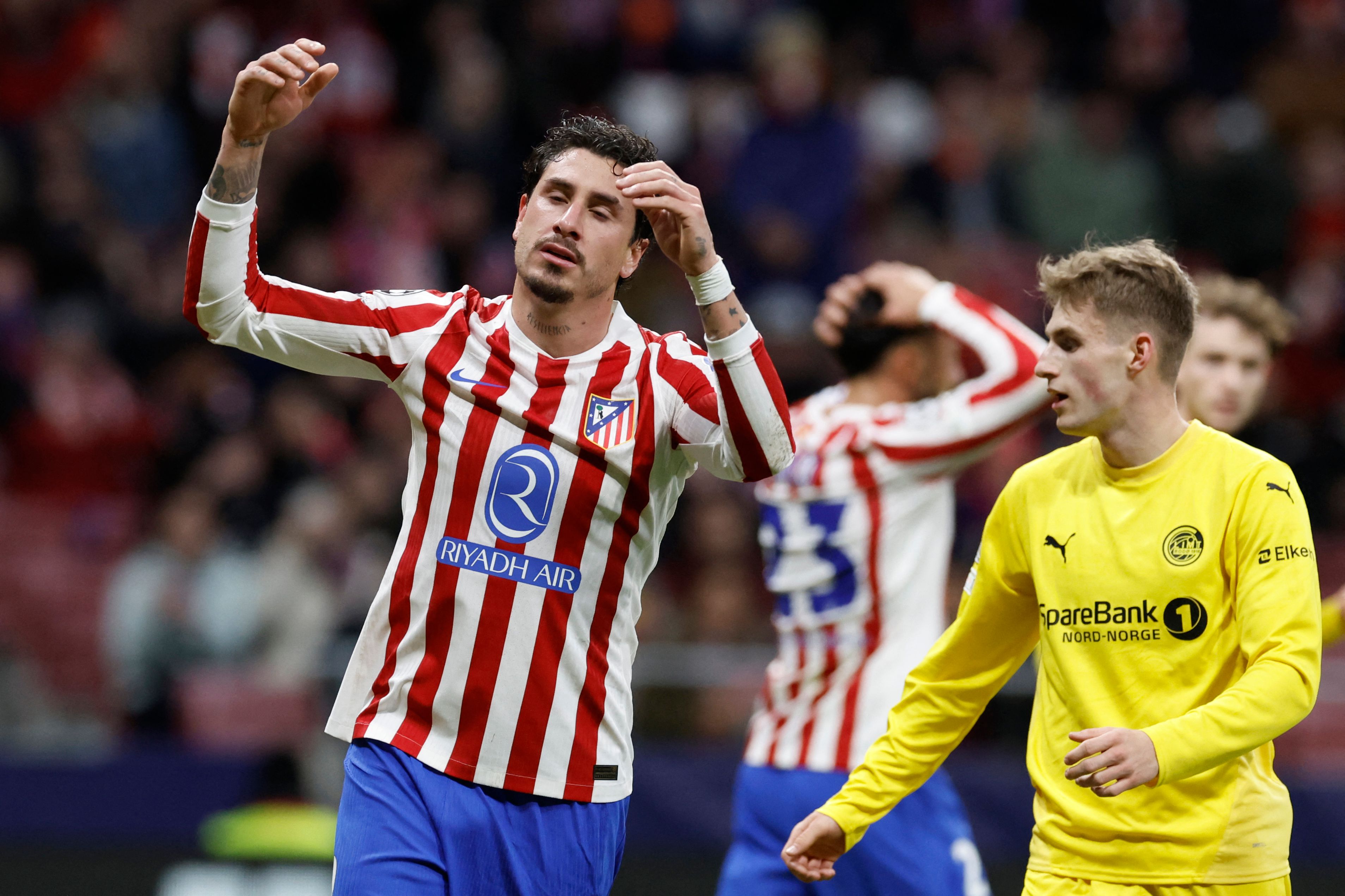 Atletico Madrid's Uruguayan defender #02 Jose Gimenez reacts during the UEFA Champions League league phase day 8 football match between Club Atletico de Madrid and Bodoe/Glimt at Metropolitano Stadium in Madrid on January 28, 2026. (Photo by Oscar DEL POZO / AFP)