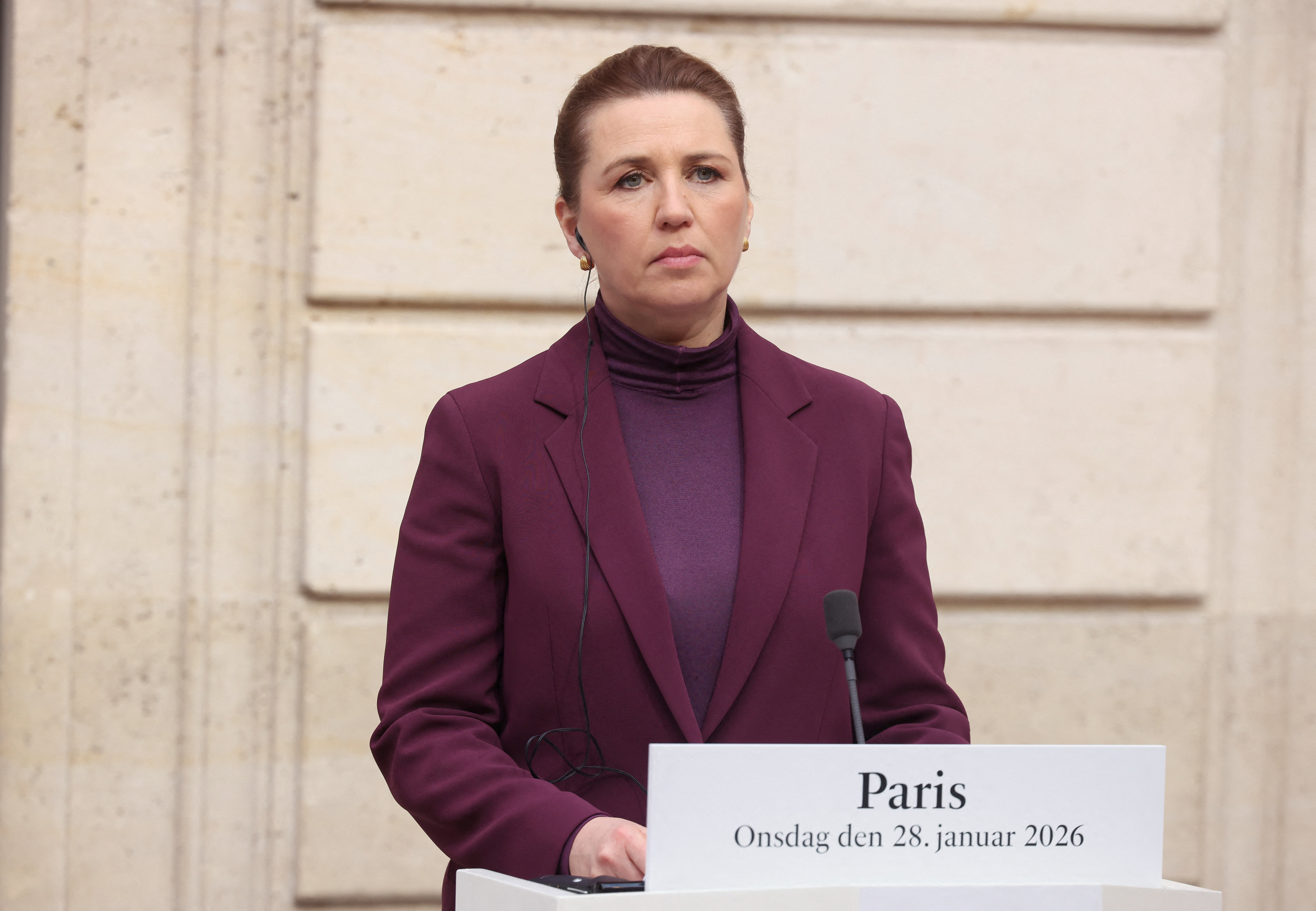 Denmark's Prime Minister Mette Frederiksen speaks to the media as she meets with French President Emmanuel Macron and Greenland's Prime Minister Jens-Frederik Nielsen at the Elysee Palace in Paris, France, January 28, 2026. Thomas Padilla/Pool via REUTERS