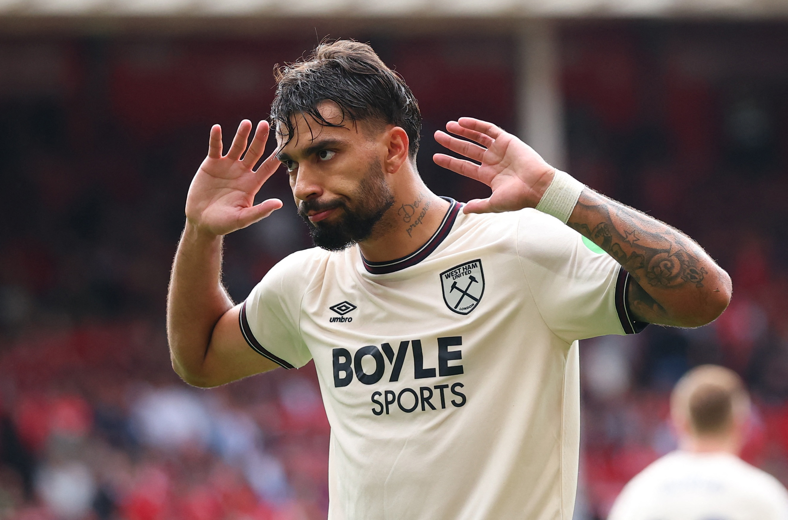 Soccer Football - Premier League - Nottingham Forest v West Ham United - The City Ground, Nottingham, Britain - August 31, 2025 West Ham United's Lucas Paqueta celebrates scoring their second goal Action Images via Reuters/Andrew Boyers EDITORIAL USE ONLY. NO USE WITH UNAUTHORIZED AUDIO, VIDEO, DATA, FIXTURE LISTS, CLUB/LEAGUE LOGOS OR 'LIVE' SERVICES. ONLINE IN-MATCH USE LIMITED TO 120 IMAGES, NO VIDEO EMULATION. NO USE IN BETTING, GAMES OR SINGLE CLUB/LEAGUE/PLAYER PUBLICATIONS. PLEASE CONTACT YOUR ACCOUNT REPRESENTATIVE FOR FURTHER DETAILS..