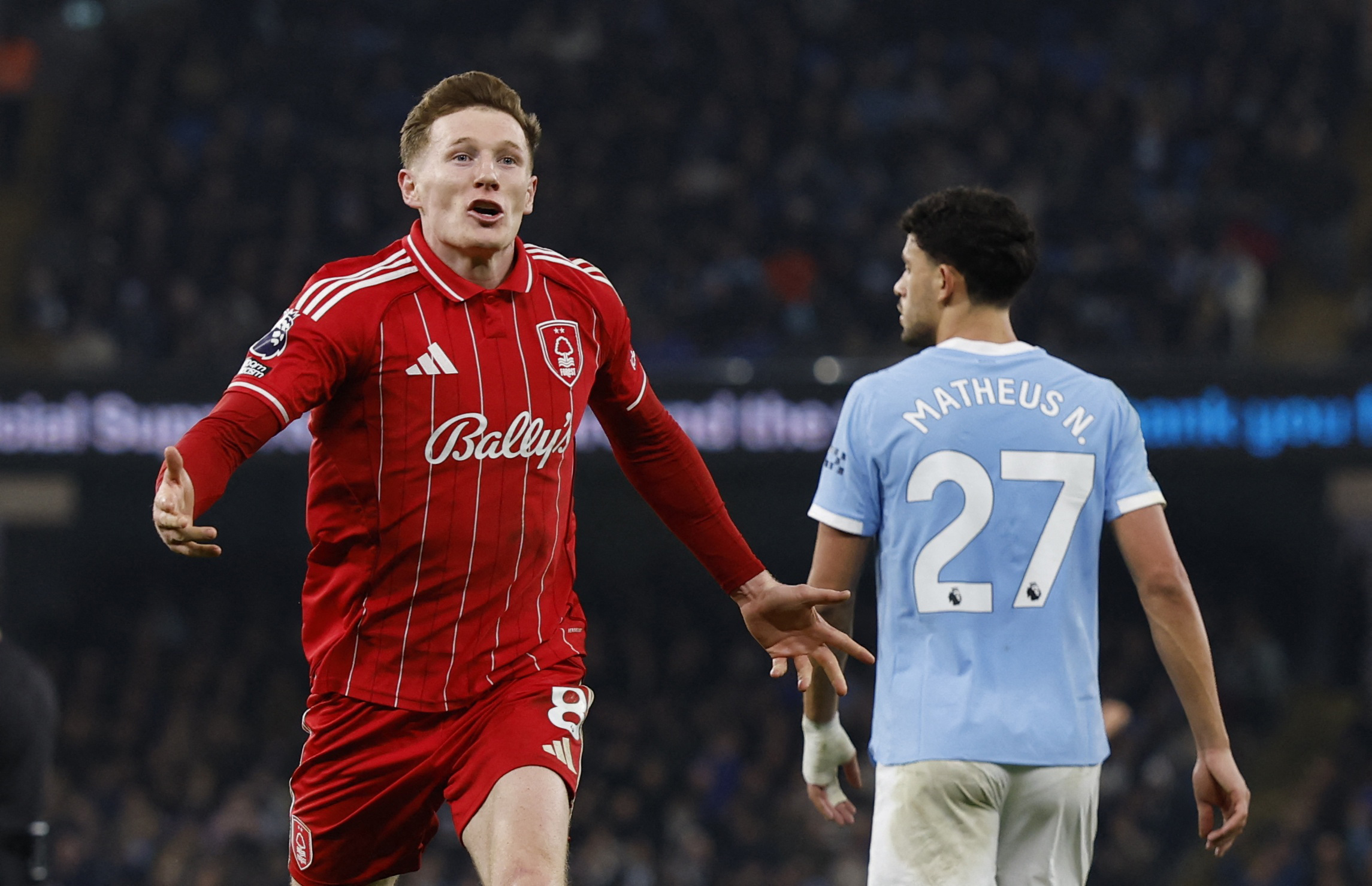 Soccer Football - Premier League - Manchester City v Nottingham Forest - Etihad Stadium, Manchester, Britain - March 4, 2026 Nottingham Forest's Elliot Anderson celebrates scoring their second goal Action Images via Reuters/Jason Cairnduff EDITORIAL USE ONLY. NO USE WITH UNAUTHORIZED AUDIO, VIDEO, DATA, FIXTURE LISTS, CLUB/LEAGUE LOGOS OR 'LIVE' SERVICES. ONLINE IN-MATCH USE LIMITED TO 120 IMAGES, NO VIDEO EMULATION. NO USE IN BETTING, GAMES OR SINGLE CLUB/LEAGUE/PLAYER PUBLICATIONS. PLEASE CONTACT YOUR ACCOUNT REPRESENTATIVE FOR FURTHER DETAILS..