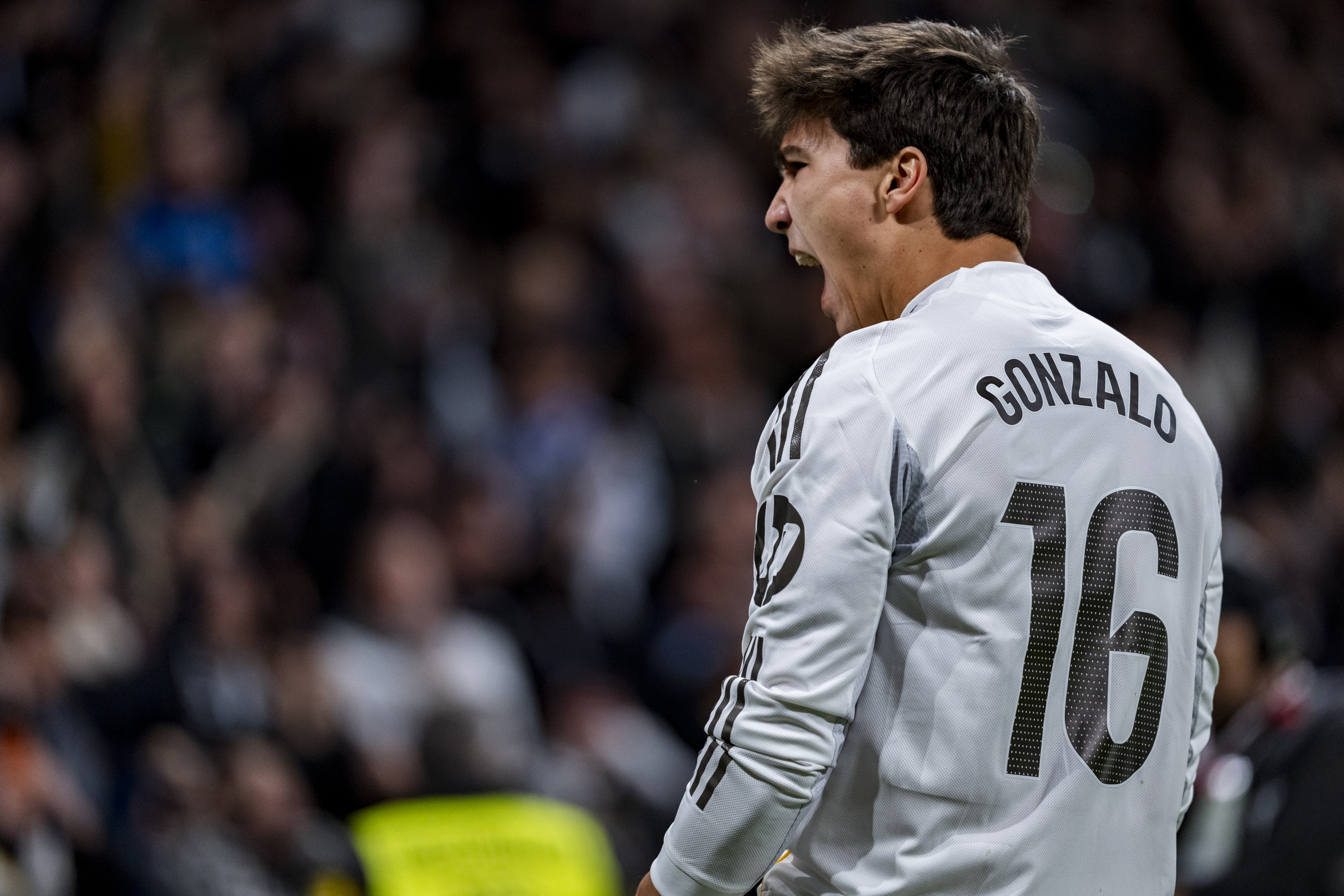Gonzalo Garcia of Real Madrid celebrates his goal during the LaLiga EA Sports football match between Real Madrid CF and Real Sociedad at Estadio Bernabeu in Madrid, Spain, on February 14, 2026. (Photo by Alberto Gardin/NurPhoto via Getty Images)