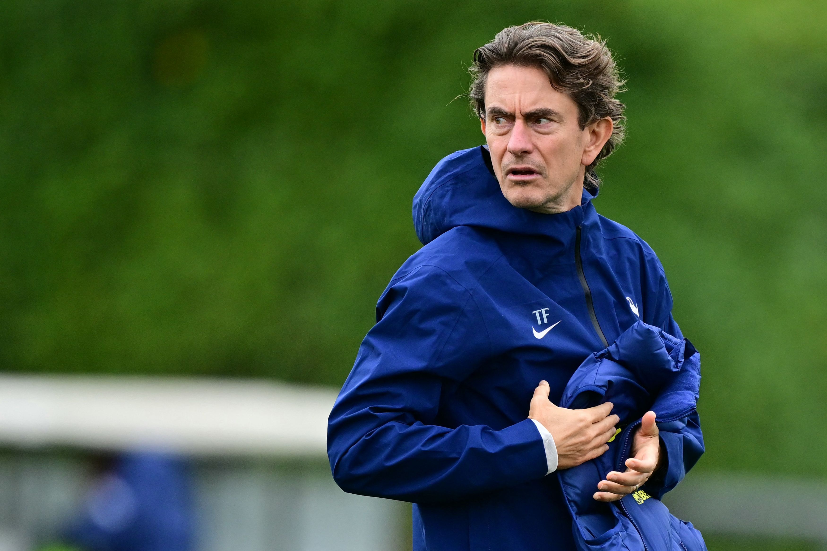 Tottenham Hotspur's Danish head coach Thomas Frank attends a team training session at the Tottenham Training centre in Enfield, north of London, on November 3, 2025, on the eve of their UEFA Champions League league phase football match against Copenhagen.  (Photo by Ben STANSALL / AFP)
