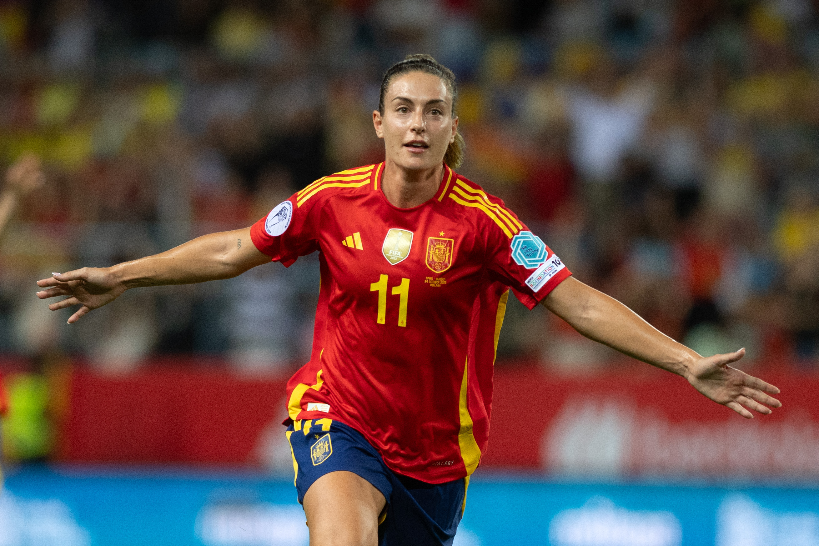 Spain's midfielder #11 Alexia Putellas celebrates scoring the opening goal during the UEFA Women's Nations League semi-final football match between Spain and Sweden at La Rosaleda stadium in Malaga on October 24, 2025. (Photo by JORGE GUERRERO / AFP)