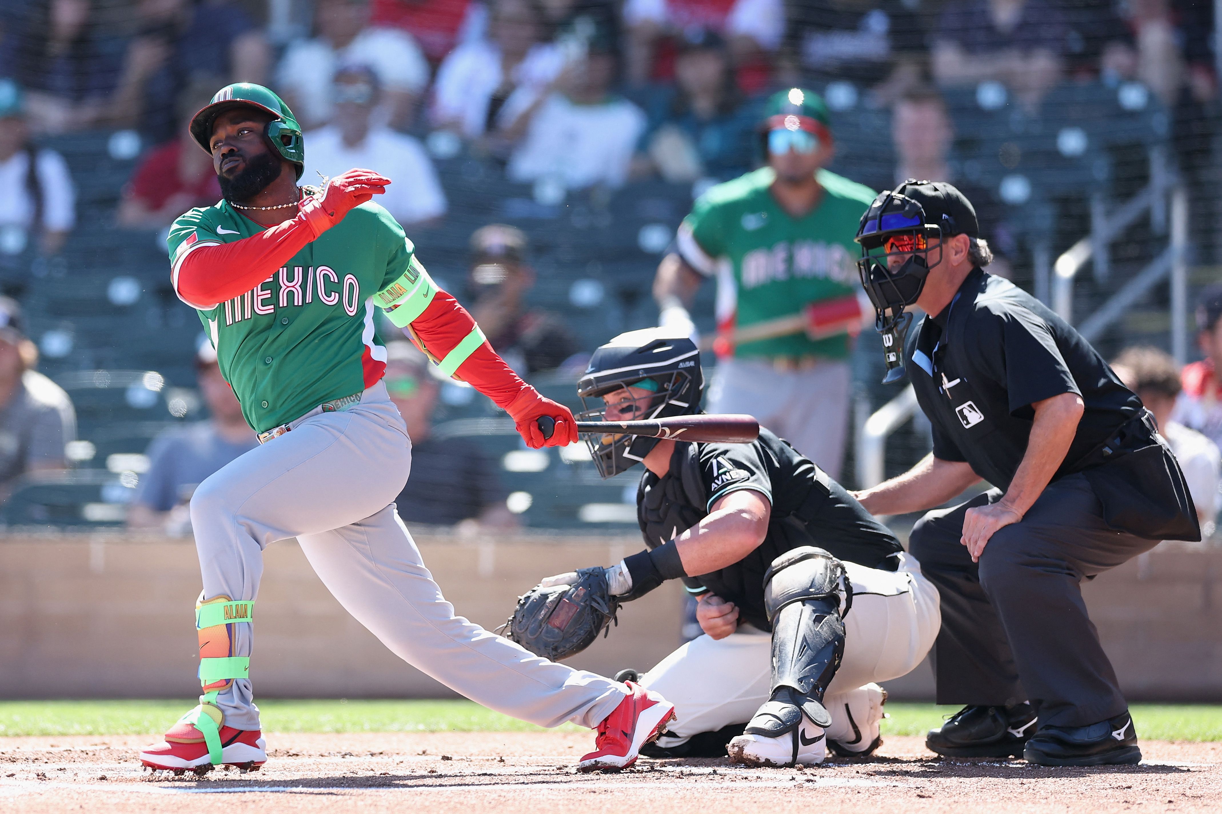 SCOTTSDALE, ARIZONA - MARCH 03: Randy Arozarena #56 of Team Mexico bats against the Arizona Diamondbacks during the first inning of the MLB exhibition game at Salt River Fields at Talking Stick on March 03, 2026 in Scottsdale, Arizona.   Christian Petersen/Getty Images/AFP (Photo by Christian Petersen / GETTY IMAGES NORTH AMERICA / Getty Images via AFP)