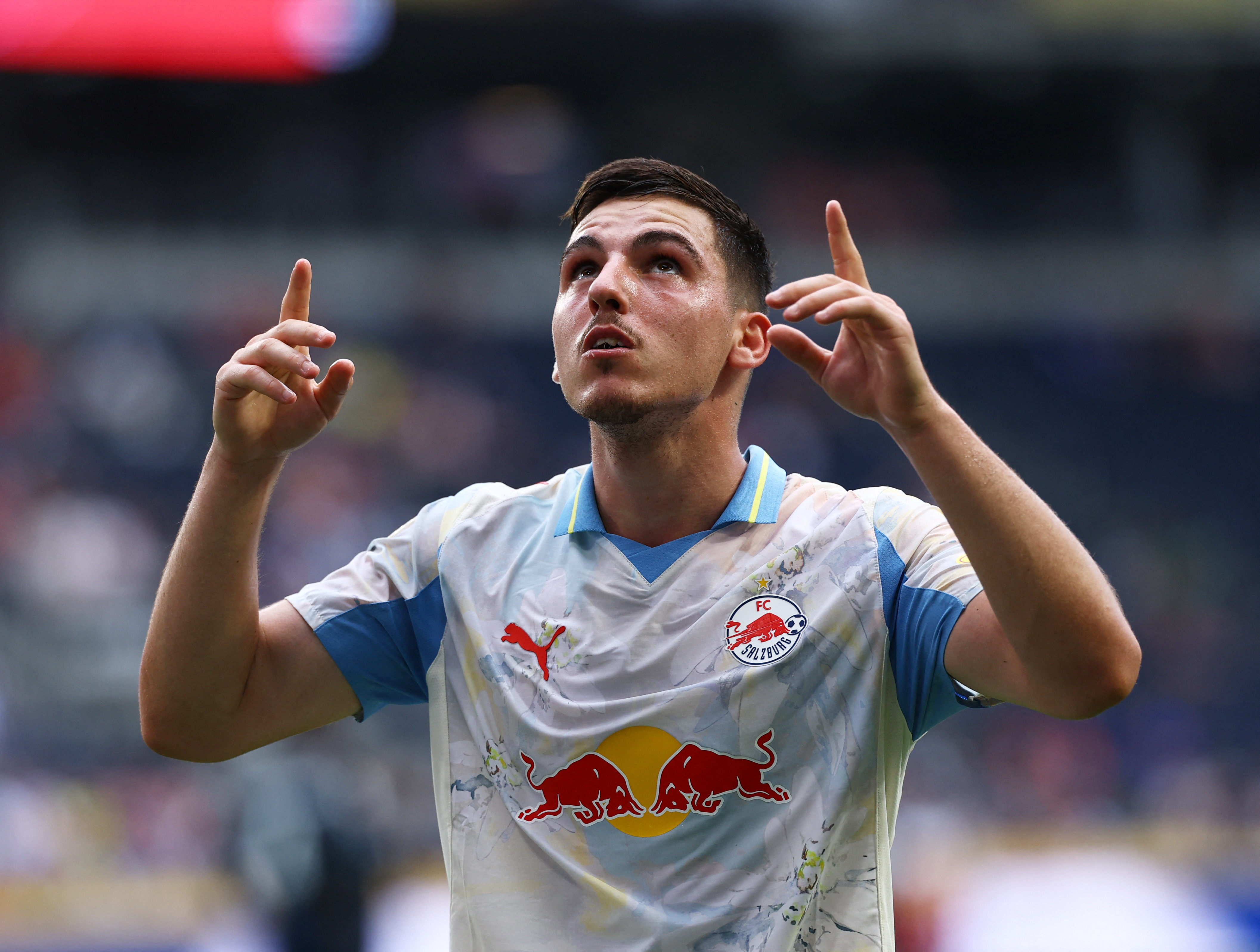 Soccer Football - FIFA Club World Cup - Group H - Pachuca v RB Salzburg - TQL Stadium, Cincinnati, Ohio, U.S. - June 18, 2025 RB Salzburg's Oscar Gloukh celebrates scoring their first goal REUTERS/Kai Pfaffenbach