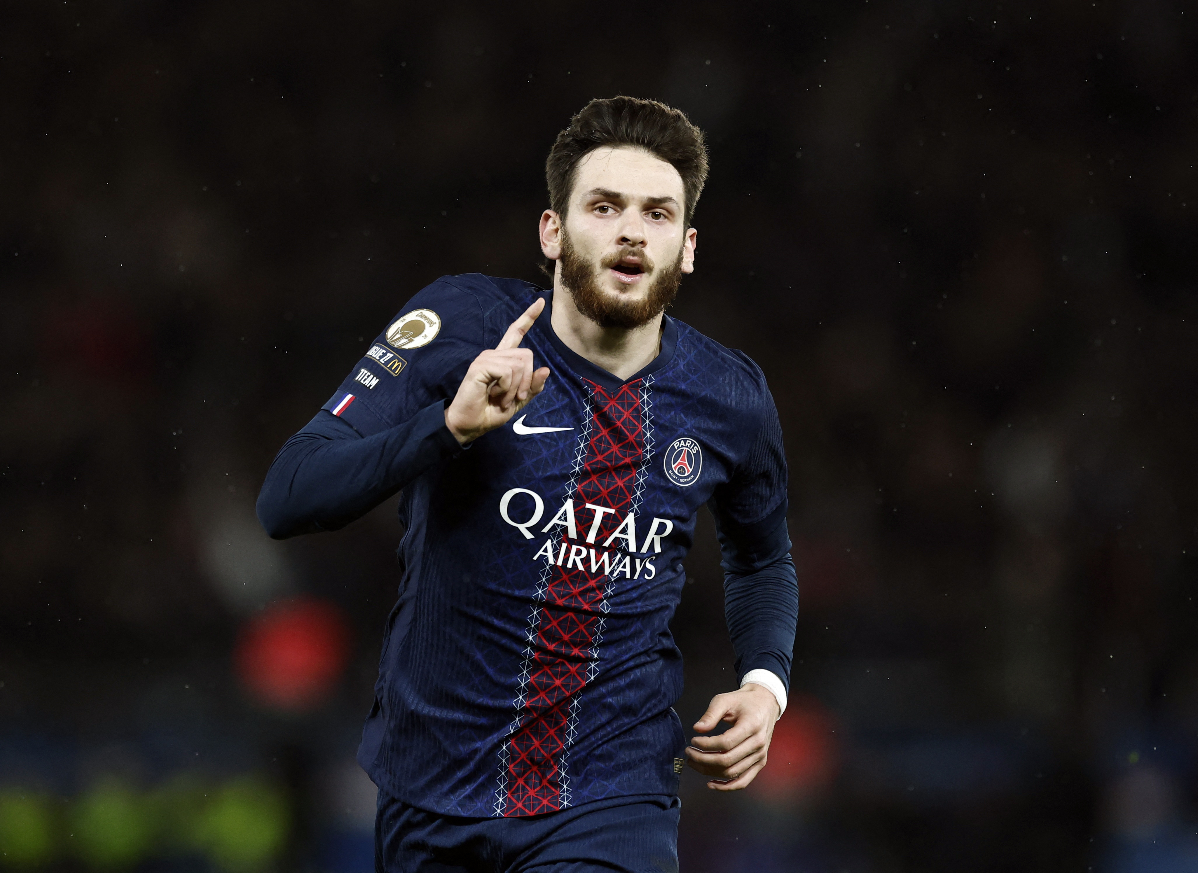 Soccer Football - Ligue 1 - Paris St Germain v Stade Rennes - Parc des Princes, Paris, France - December 6, 2025 Paris St Germain's Khvicha Kvaratskhelia celebrates scoring their first goal REUTERS/Benoit Tessier