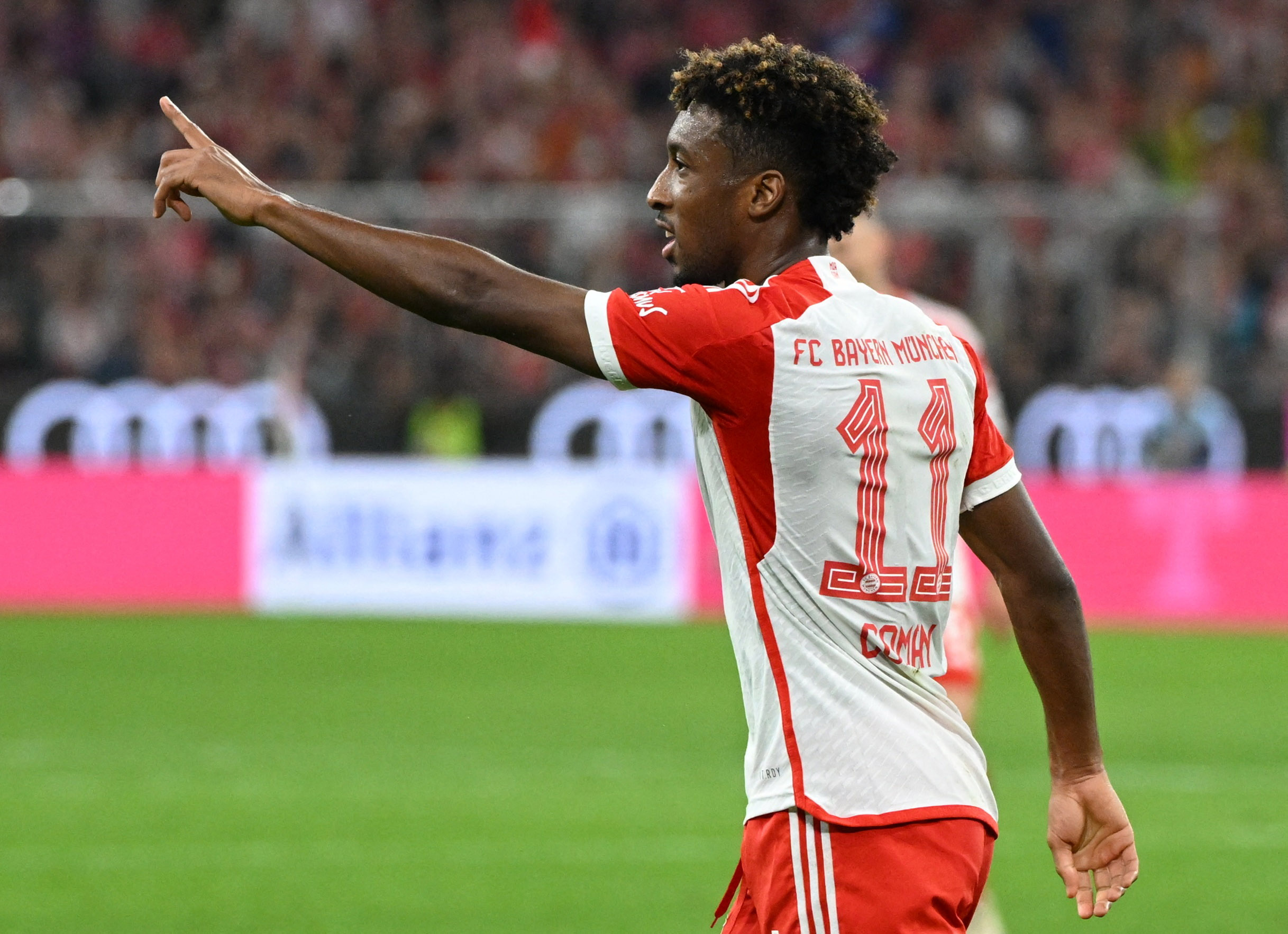 Soccer Football - Bundesliga - Bayern Munich v SC Freiburg - Allianz Arena, Munich, Germany - October 8, 2023 Bayern Munich's Kingsley Coman celebrates scoring their third goal REUTERS/Angelika Warmuth DFL REGULATIONS PROHIBIT ANY USE OF PHOTOGRAPHS AS IMAGE SEQUENCES AND/OR QUASI-VIDEO.