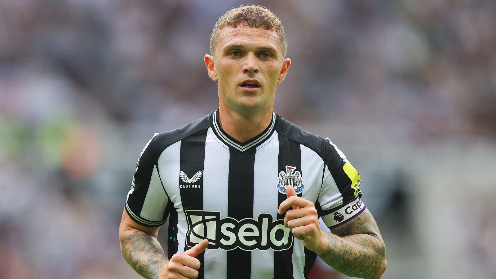 NEWCASTLE UPON TYNE, ENGLAND - AUGUST 12: NU02of Newcastle United during the Premier League match between Newcastle United and Aston Villa at St. James Park on August 12, 2023 in Newcastle upon Tyne, England. (Photo by James Gill - Danehouse/Getty Images)