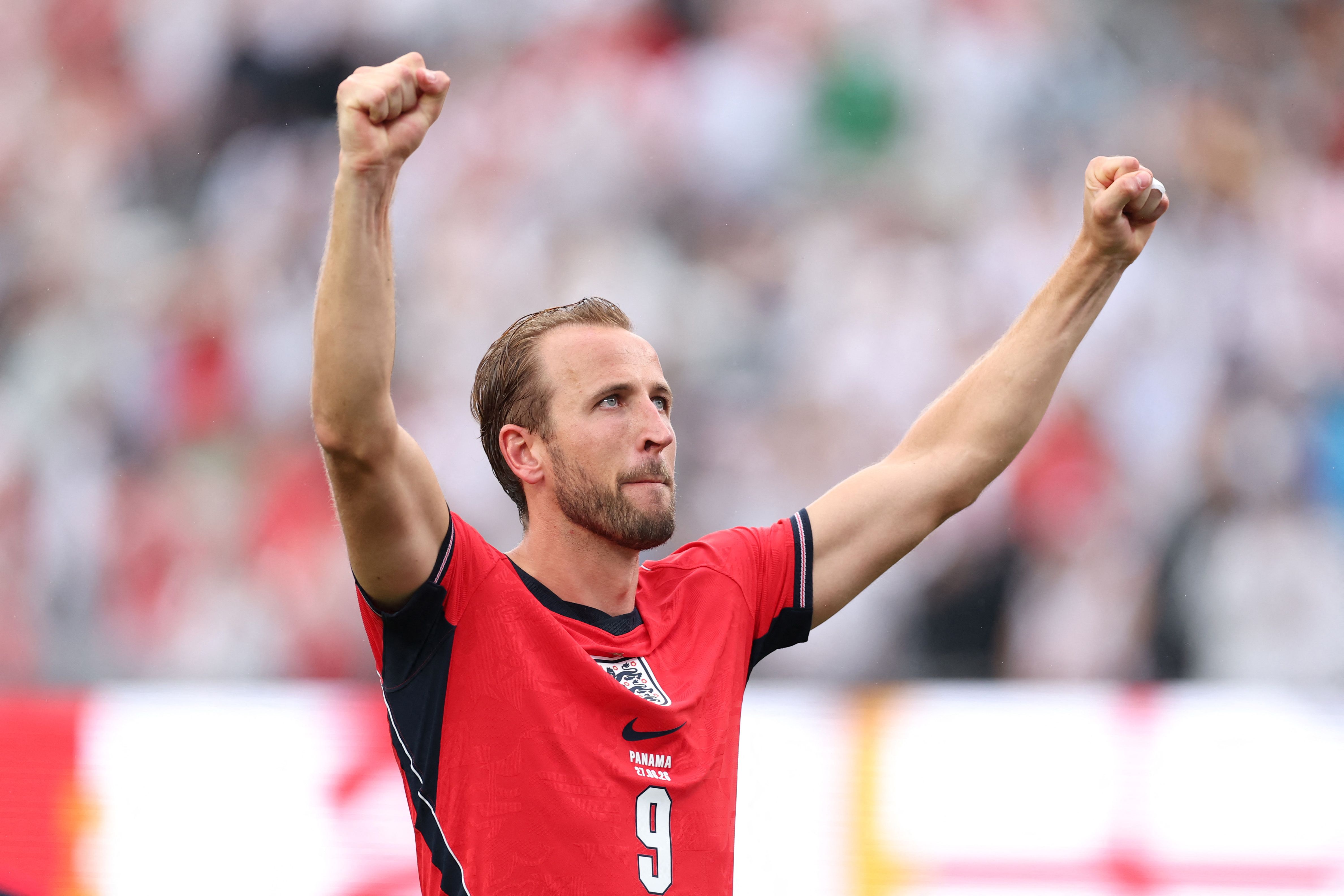 EAST RUTHERFORD, NEW JERSEY - JUNE 27: Harry Kane #9 of England celebrates after winning the FIFA World Cup 2026 Group L match between Panama and England at New York New Jersey Stadium on June 27, 2026 in East Rutherford, New Jersey. Justin Setterfield/Getty Images/AFP (Photo by Justin Setterfield / GETTY IMAGES NORTH AMERICA / Getty Images via AFP)
