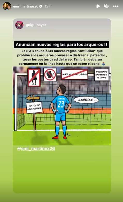 Publicación de Dibu Martínez en Instagram sobre la regla 'anti Dibu' de la FIFA.