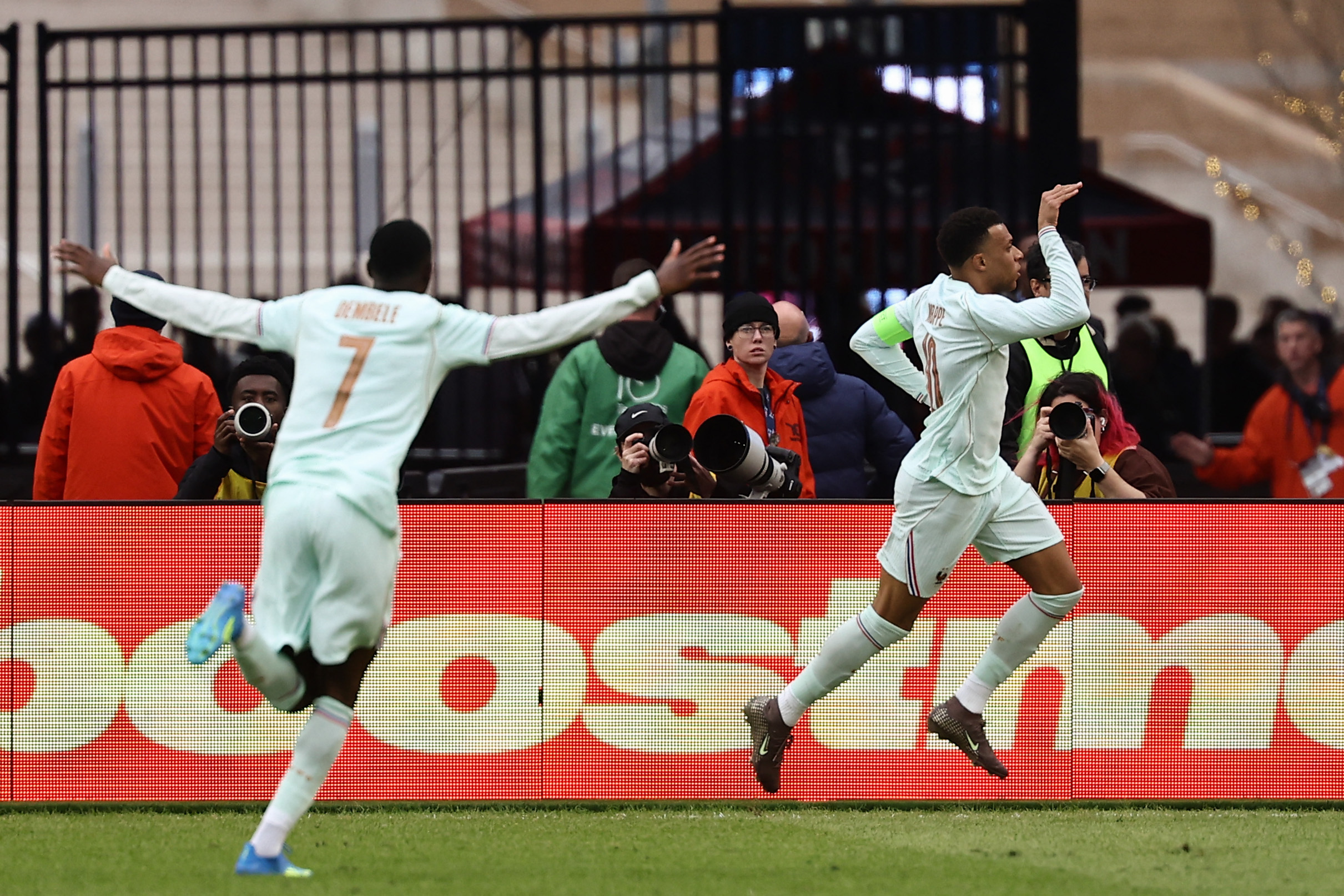 Mar 26, 2026; Foxborough, Massachusetts, USA; France forward Ousmane Dembele (7) runs to join forward Kylian Mbappe (10) celebrate his goal against Brazil during the first half at Gillette Stadium. Mandatory Credit: Winslow Townson-Imagn Images