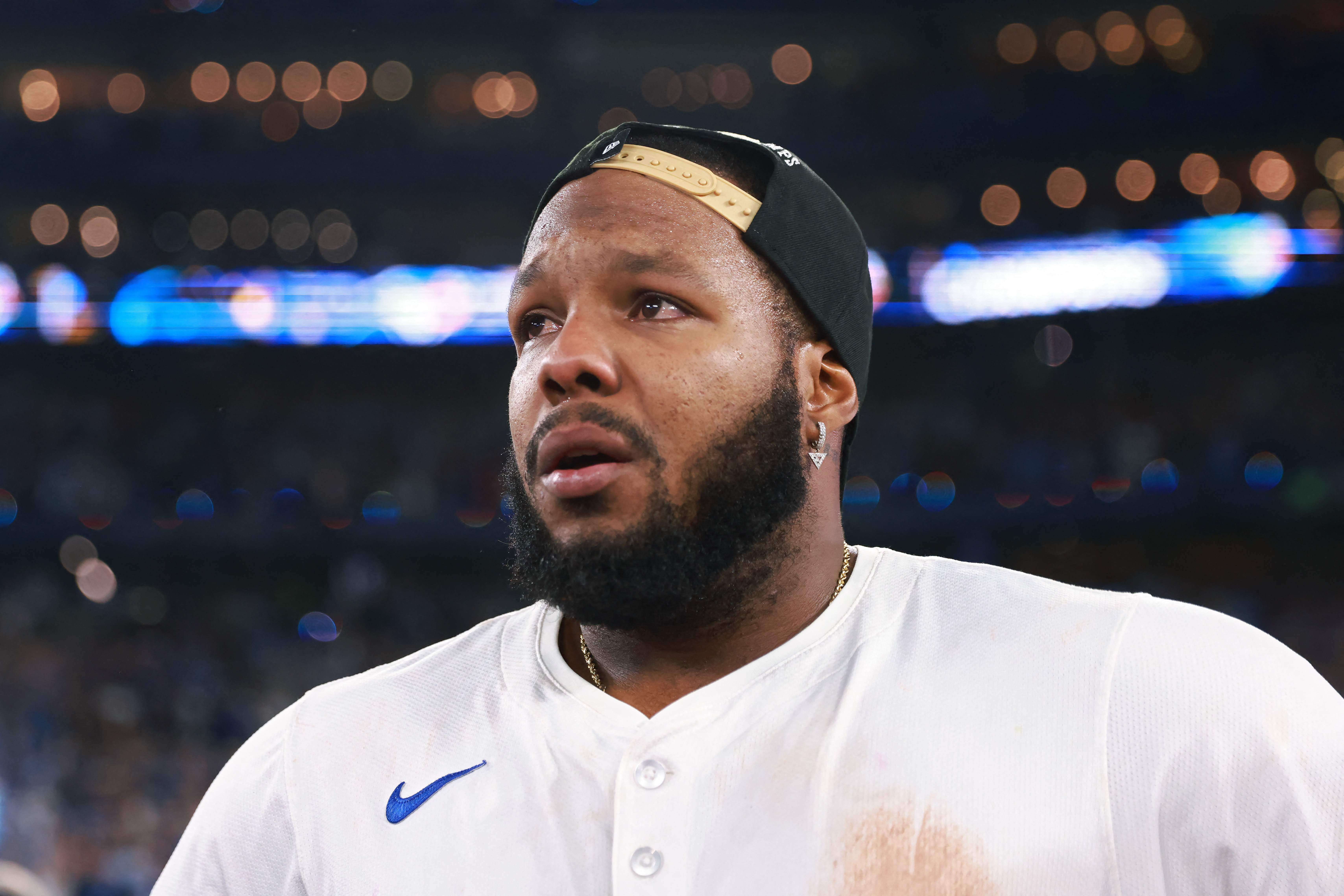 TORONTO, ONTARIO - OCTOBER 20: Vladimir Guerrero Jr. #27 of the Toronto Blue Jays looks on after winning game seven of the American League Championship Series against the Seattle Mariners at the Rogers Centre on October 20, 2025 in Toronto, Ontario.   Vaughn Ridley/Getty Images/AFP (Photo by Vaughn Ridley / GETTY IMAGES NORTH AMERICA / Getty Images via AFP)
