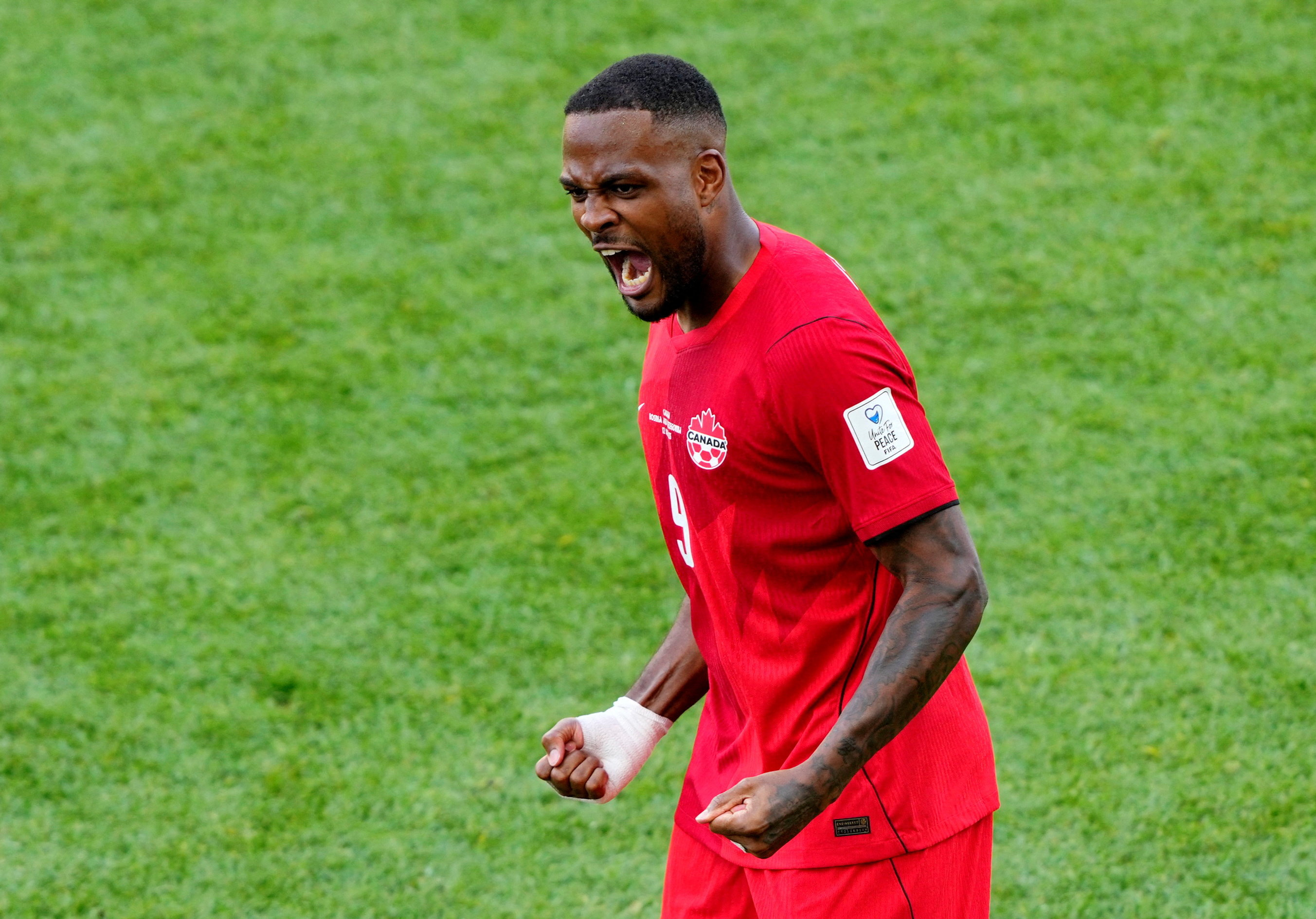 Soccer Football - FIFA World Cup 2026 - Group B - Canada v Bosnia and Herzegovina - Toronto Stadium, Toronto, Canada - June 12, 2026 Canada's Cyle Larin celebrates scoring their first goal IMAGN IMAGES via Reuters/Kevin Sousa     TPX IMAGES OF THE DAY