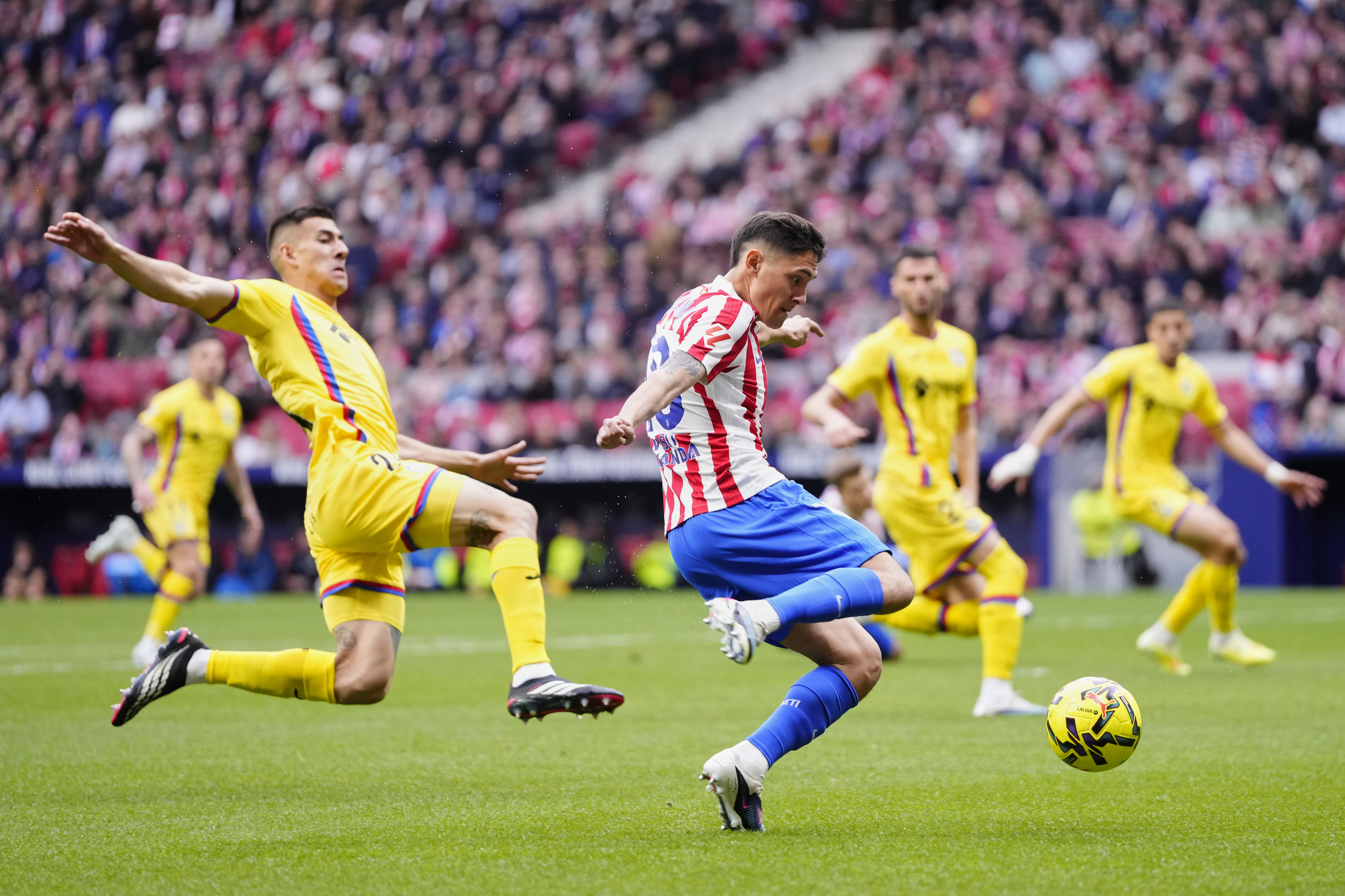 Nahuel Molina right-back of Atletico de Madrid and Argentina shooting to goal during the La Liga EA Sports match between Atletico de Madrid and Getafe CF at Riyadh Air Metropolitano on March 14, 2026 in Madrid, Spain. (Photo by Jose Breton/Pics Action/NurPhoto via Getty Images)