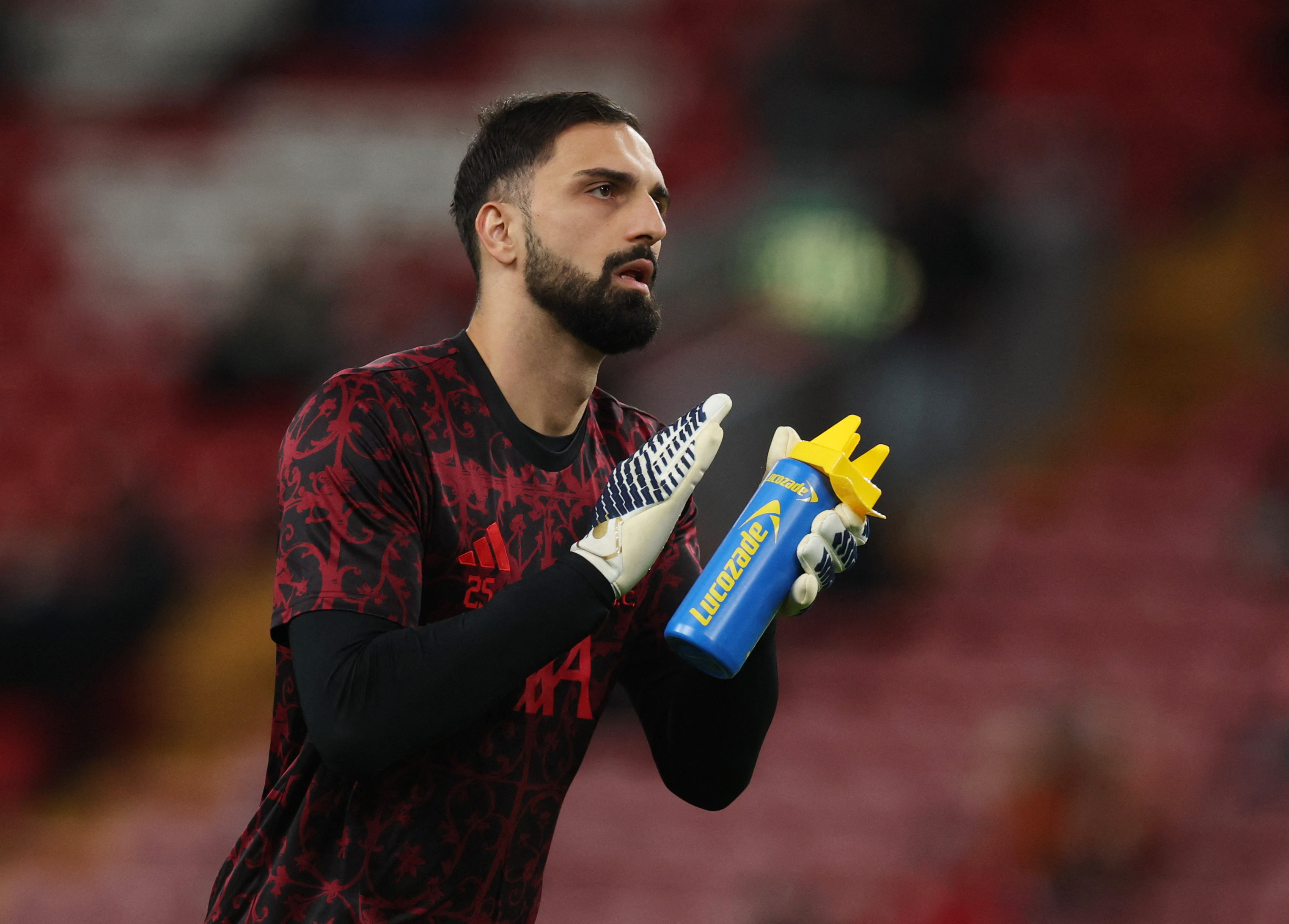 Soccer Football - Premier League - Liverpool v Aston Villa - Anfield, Liverpool, Britain - November 1, 2025 Liverpool's Giorgi Mamardashvili during the warm up before the match REUTERS/Phil Noble EDITORIAL USE ONLY. NO USE WITH UNAUTHORIZED AUDIO, VIDEO, DATA, FIXTURE LISTS, CLUB/LEAGUE LOGOS OR 'LIVE' SERVICES. ONLINE IN-MATCH USE LIMITED TO 120 IMAGES, NO VIDEO EMULATION. NO USE IN BETTING, GAMES OR SINGLE CLUB/LEAGUE/PLAYER PUBLICATIONS. PLEASE CONTACT YOUR ACCOUNT REPRESENTATIVE FOR FURTHER DETAILS..