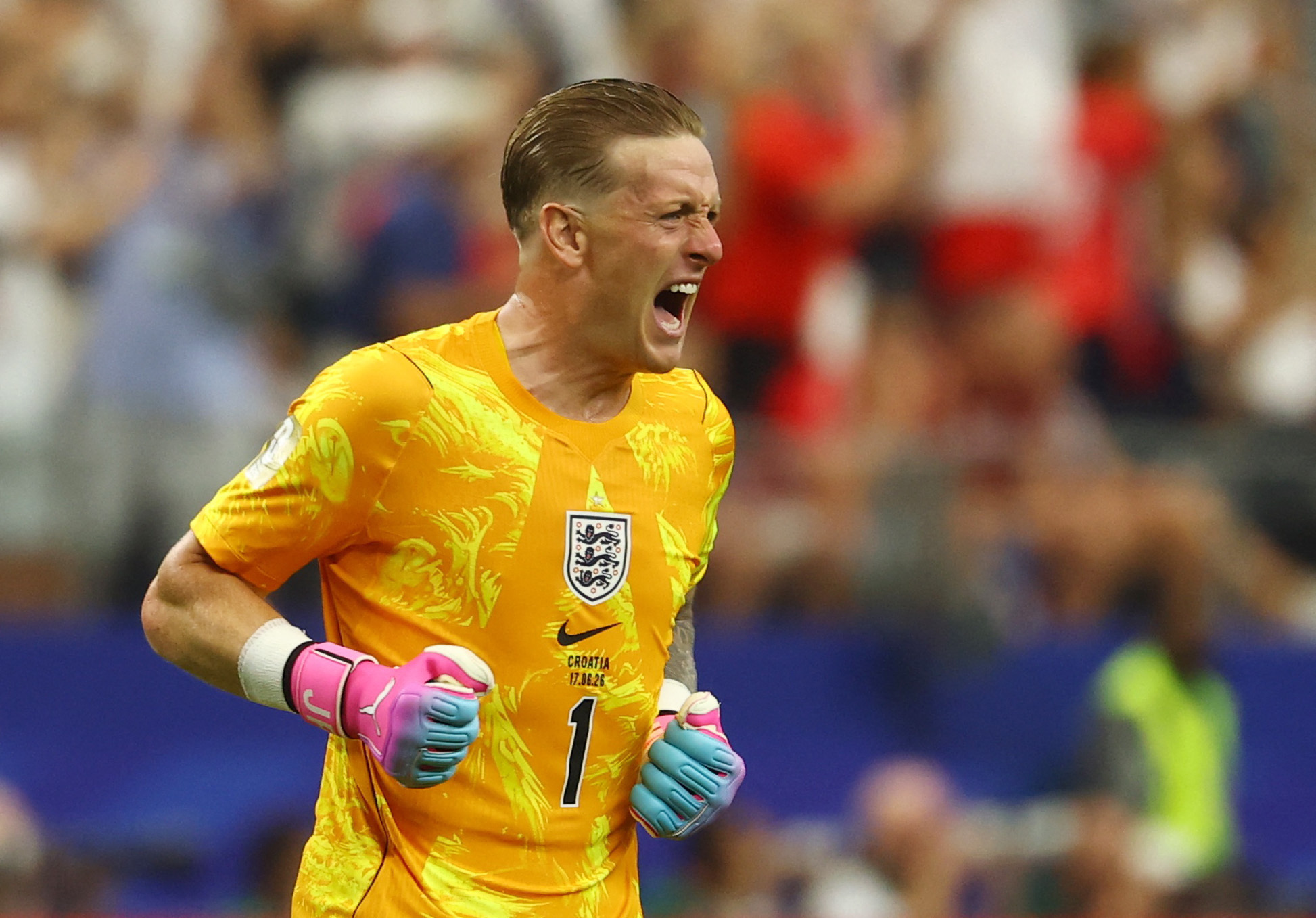 Soccer Football - FIFA World Cup 2026 - Group L - England v Croatia - Dallas Stadium, Arlington, Texas, U.S. - June 17, 2026 England's Jordan Pickford celebrates after Harry Kane scored their first goal from the penalty spot REUTERS/Kai Pfaffenbach