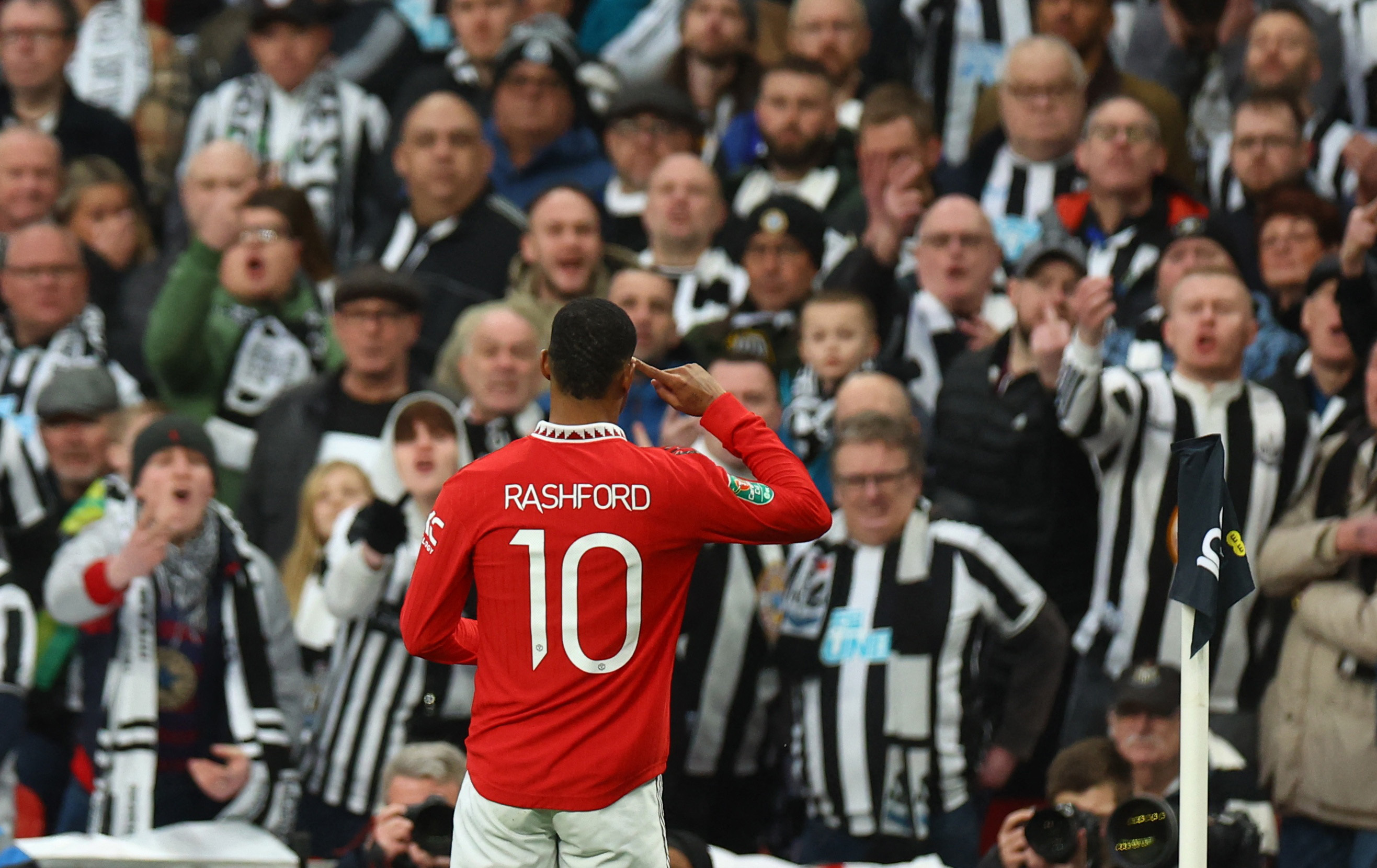 Soccer Football - Carabao Cup - Final - Manchester United v Newcastle United - Wembley Stadium, London, Britain - February 26, 2023 Manchester United's Marcus Rashford celebrates scoring their second goal REUTERS/Hannah Mckay EDITORIAL USE ONLY. No use with unauthorized audio, video, data, fixture lists, club/league logos or 'live' services. Online in-match use limited to 75 images, no video emulation. No use in betting, games or single club /league/player publications. Please contact your account representative for further details.