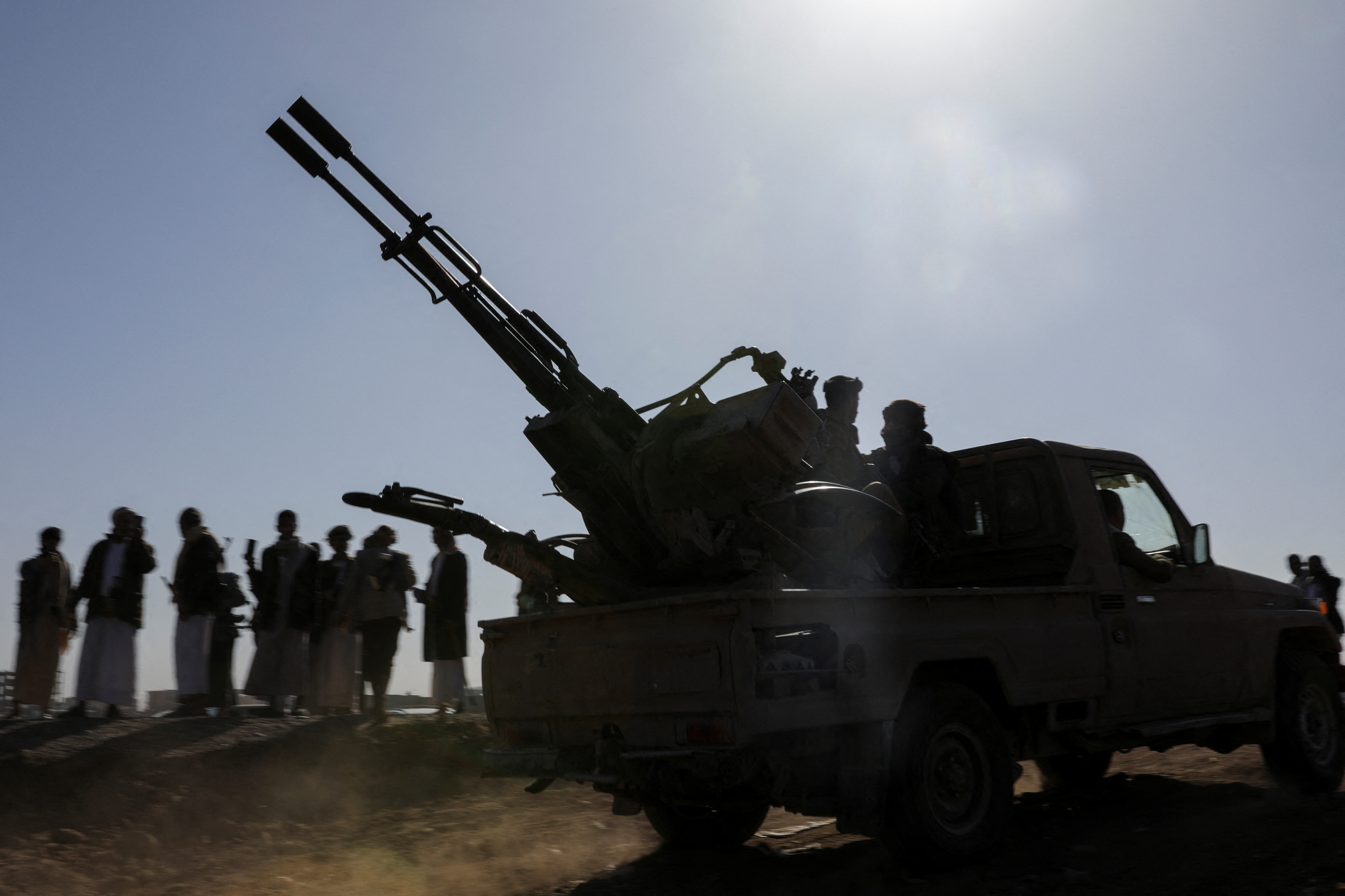 A view of a truck mounted with weaponry as Houthi tribesmen gather to show defiance after U.S. and British air strikes on Houthi positions near Sanaa, Yemen February 4, 2024.REUTERS/Khaled Abdullah