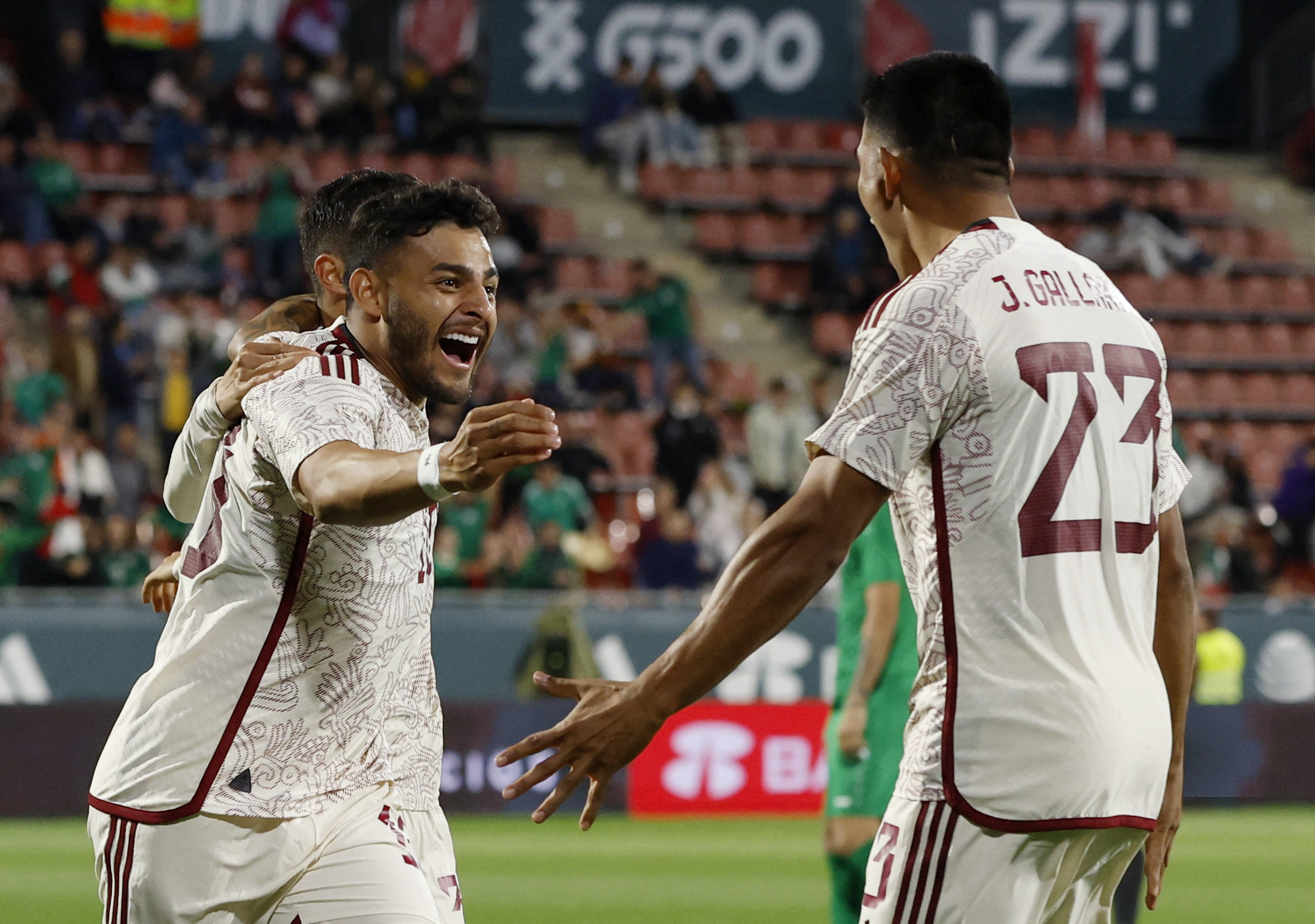 Soccer Football - International Friendly - Mexico v Iraq - Estadi Montilivi, Girona, Spain - November 9, 2022 Mexico's Alexis Vega celebrates scoring their first goal with Jesus Gallardo REUTERS/Albert Gea