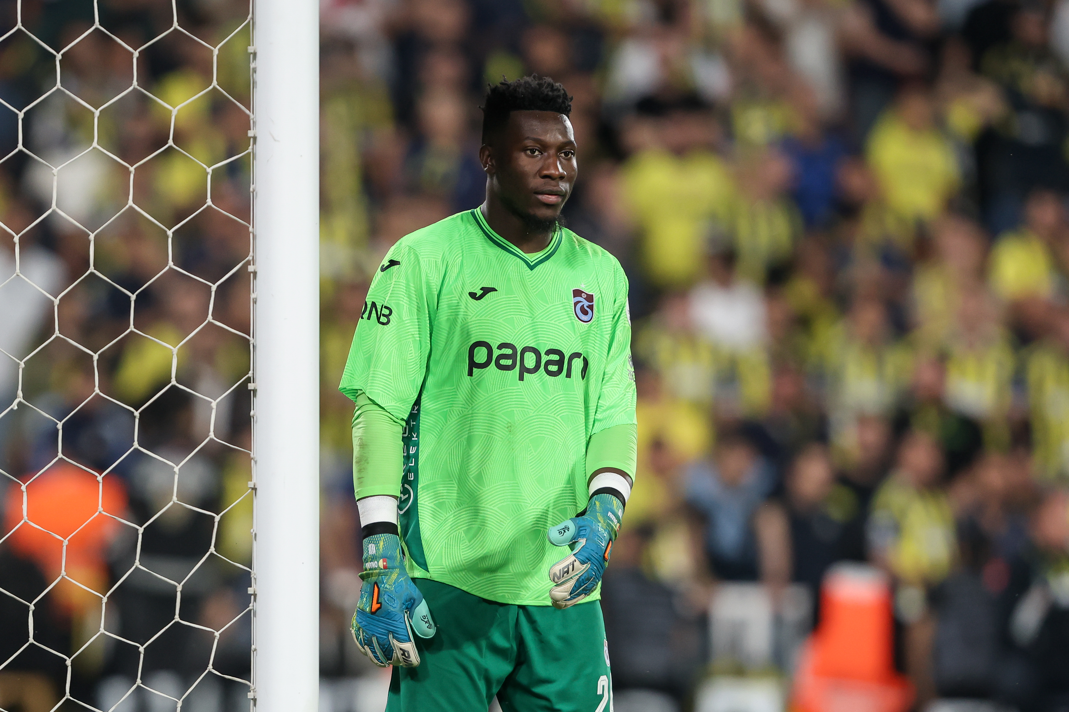 ISTANBUL, TURKEY - SEPTEMBER 14: Andre Onana of Trabzonspor looks on during the Trendyol Süper Lig match between Fenerbahçe SK and Trabzonspor at Ulker Sukru Saracoglu Stadium on September 14, 2025 in Istanbul, Turkey. (Photo by Ahmad Mora/Getty Images)