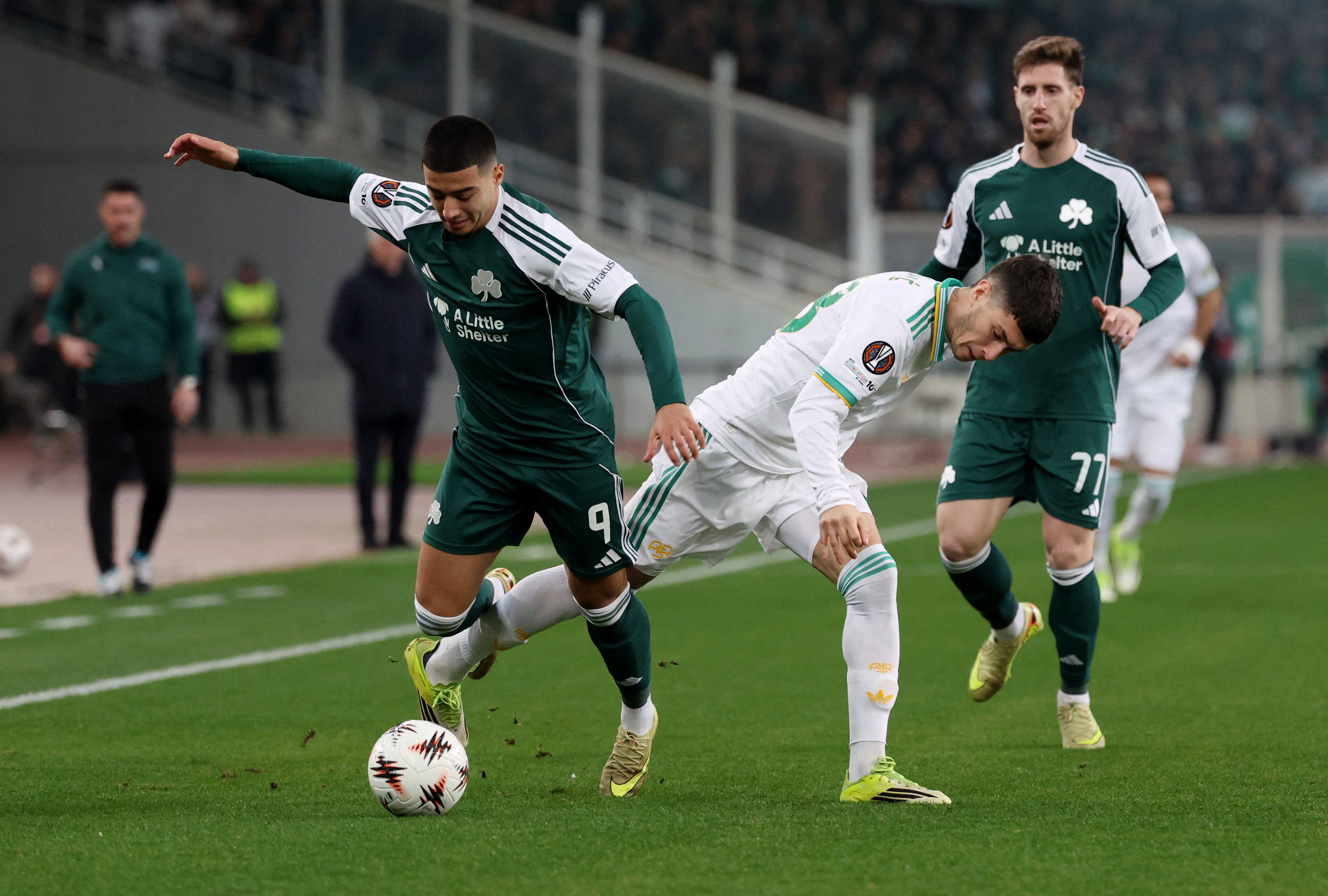 Soccer Football - UEFA Europa League - Panathinaikos v AS Roma - Athens Olympic Stadium, Athens, Greece - January 29, 2026 Panathinaikos' Anass Zaroury in action with AS Roma's Matias Soule REUTERS/Stelios Misinas