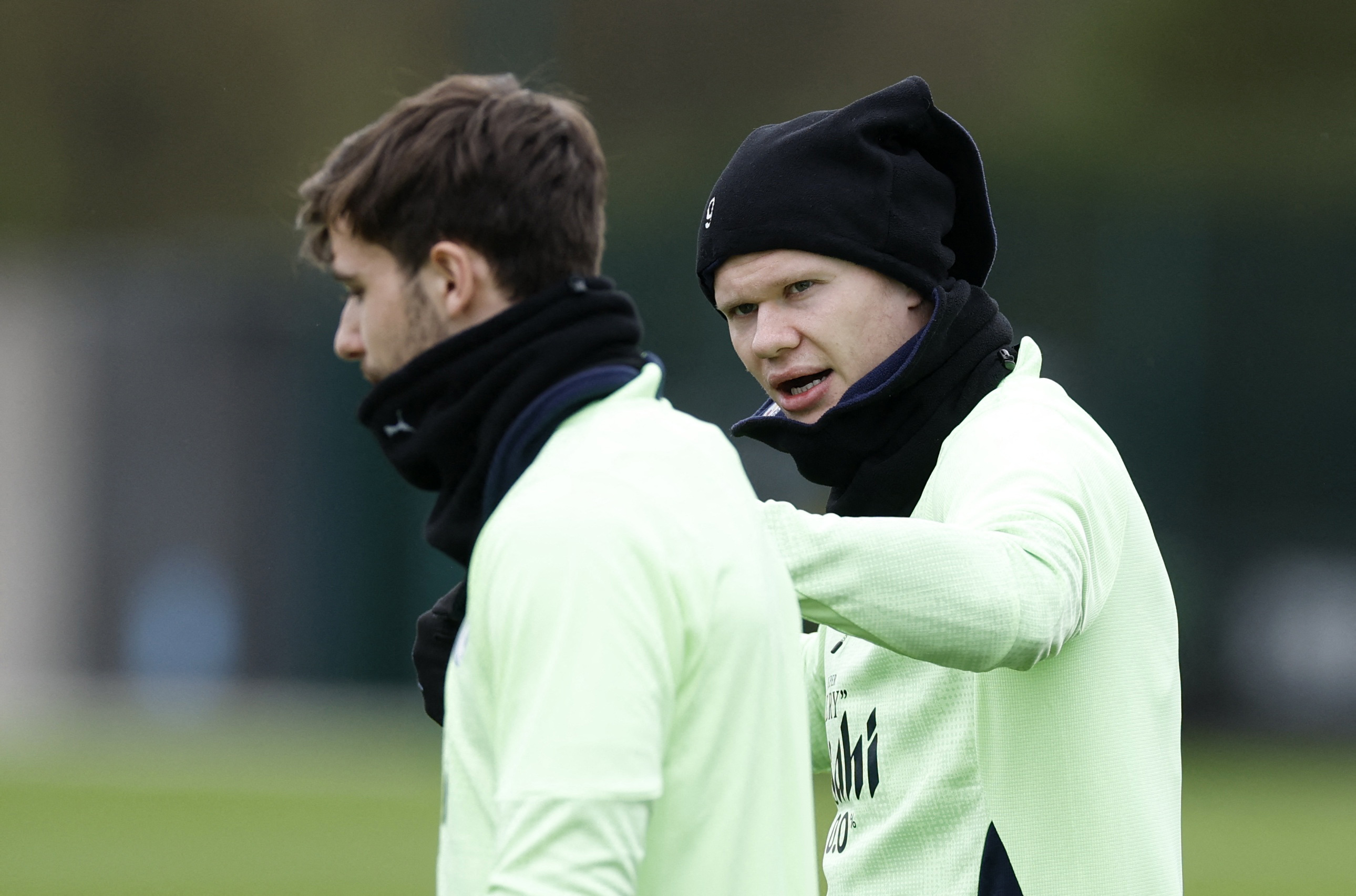 Soccer Football - UEFA Champions League - Manchester City Training - Etihad Campus, Manchester, Britain - March 10, 2026 Manchester City's Erling Haaland and Nico Gonzalez during training Action Images via Reuters/Jason Cairnduff