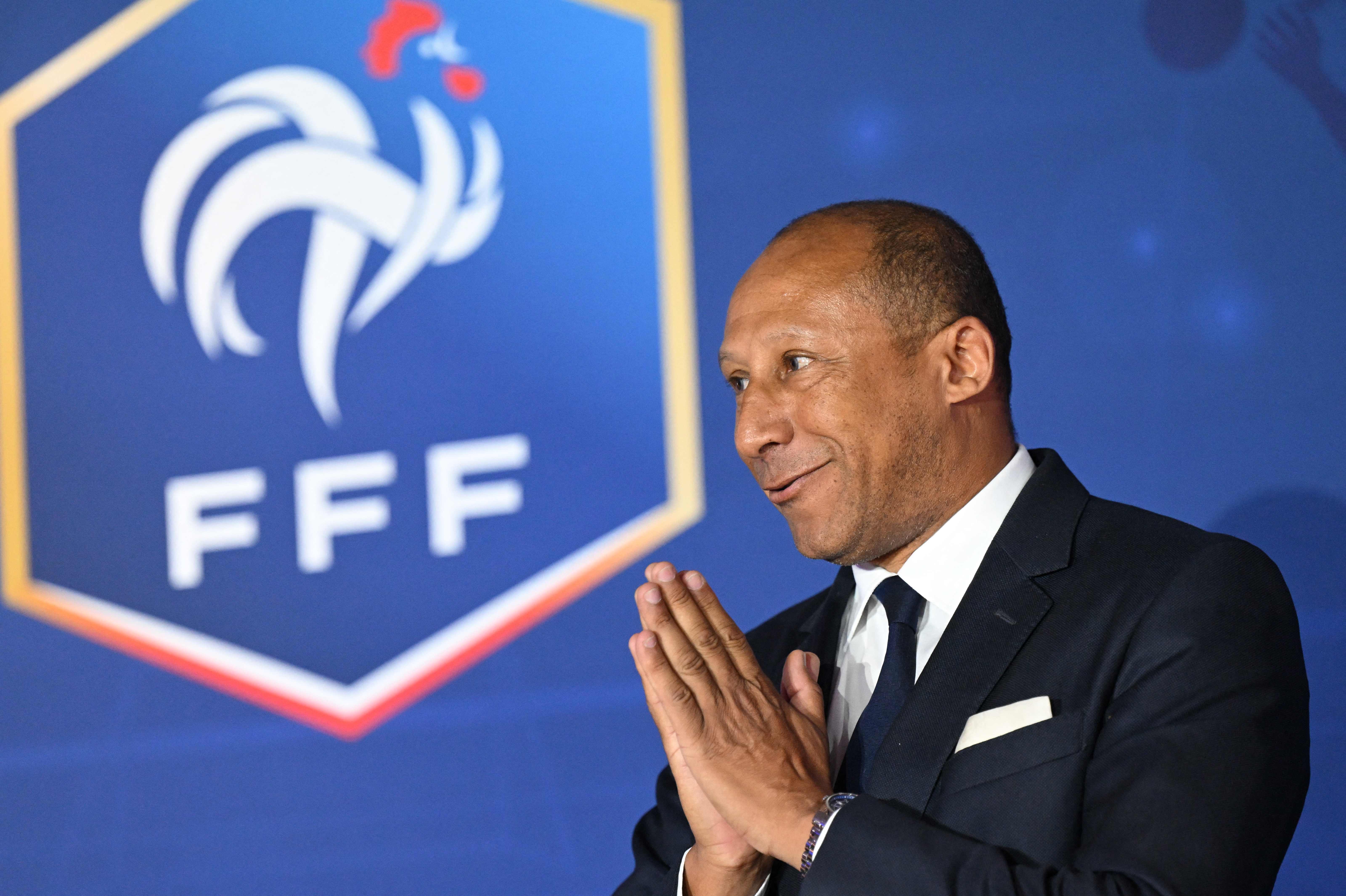 Philippe Diallo reacts after being elected as the new President of the French Football Federation during the Federal Assembly of the Federation in Paris on June 10, 2023. Members of the Executive Committee of the French Football Federation, the Executive Office of the Amateur Football League, Presidents of the Leagues, and Ligue 1 and Ligue 2 clubs and delegates are attending the meeting. (Photo by Bertrand GUAY / AFP)