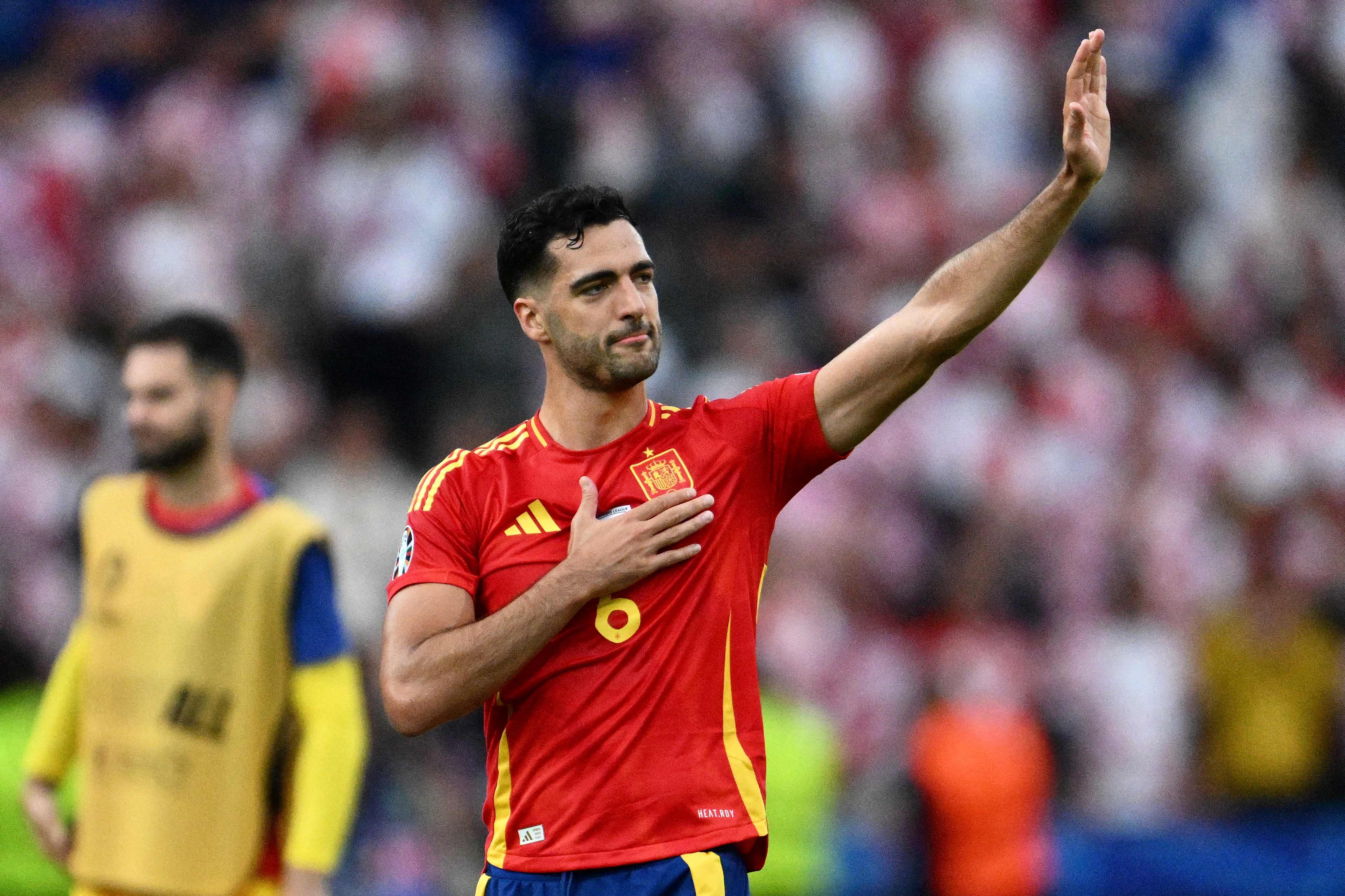 Spain's midfielder #06 Mikel Merino celebrates after winning the UEFA Euro 2024 Group B football match between Spain and Croatia at the Olympiastadion in Berlin on June 15, 2024. (Photo by Christophe SIMON / AFP)