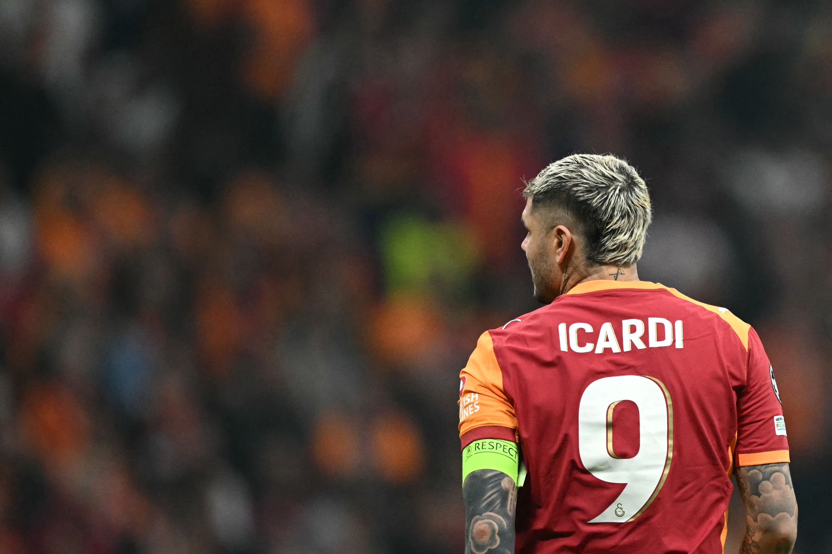 Galatasaray's Argentine forward #09 Mauro Icardi looks on during the UEFA Champions League, league phase - day 3, football match between Galatasaray SK and Bodo/Glimt at the Rams Park in Istanbul on October 22, 2025. (Photo by Ozan KOSE / AFP)