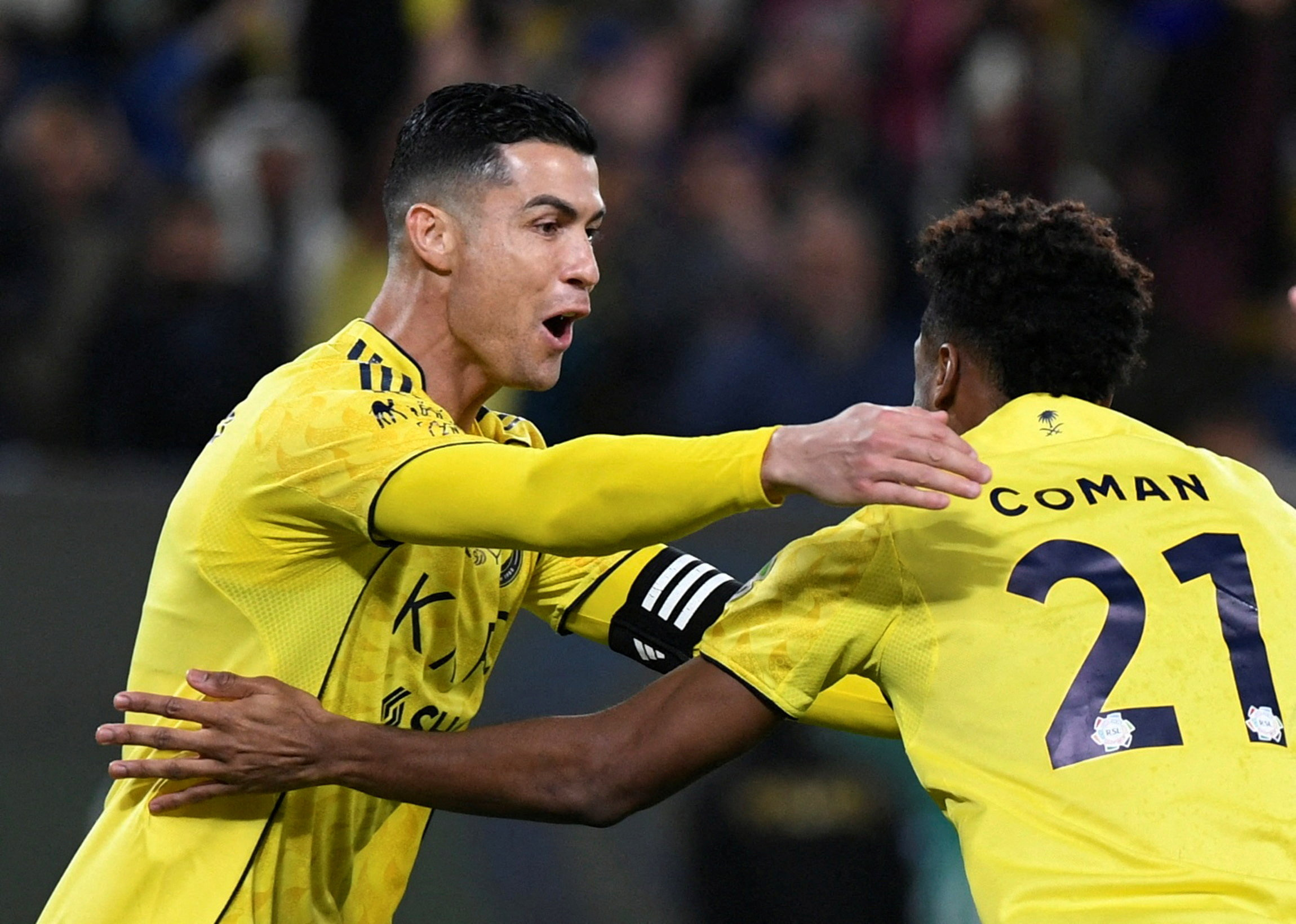 Soccer Football - Saudi Pro League - Al Nassr v Al Shabab - Al Awwal Park, Riyadh, Saudi Arabia - January 17, 2026 Al Nassr's Kingsley Coman celebrates scoring their second goal with Cristiano Ronaldo REUTERS/Stringer     TPX IMAGES OF THE DAY