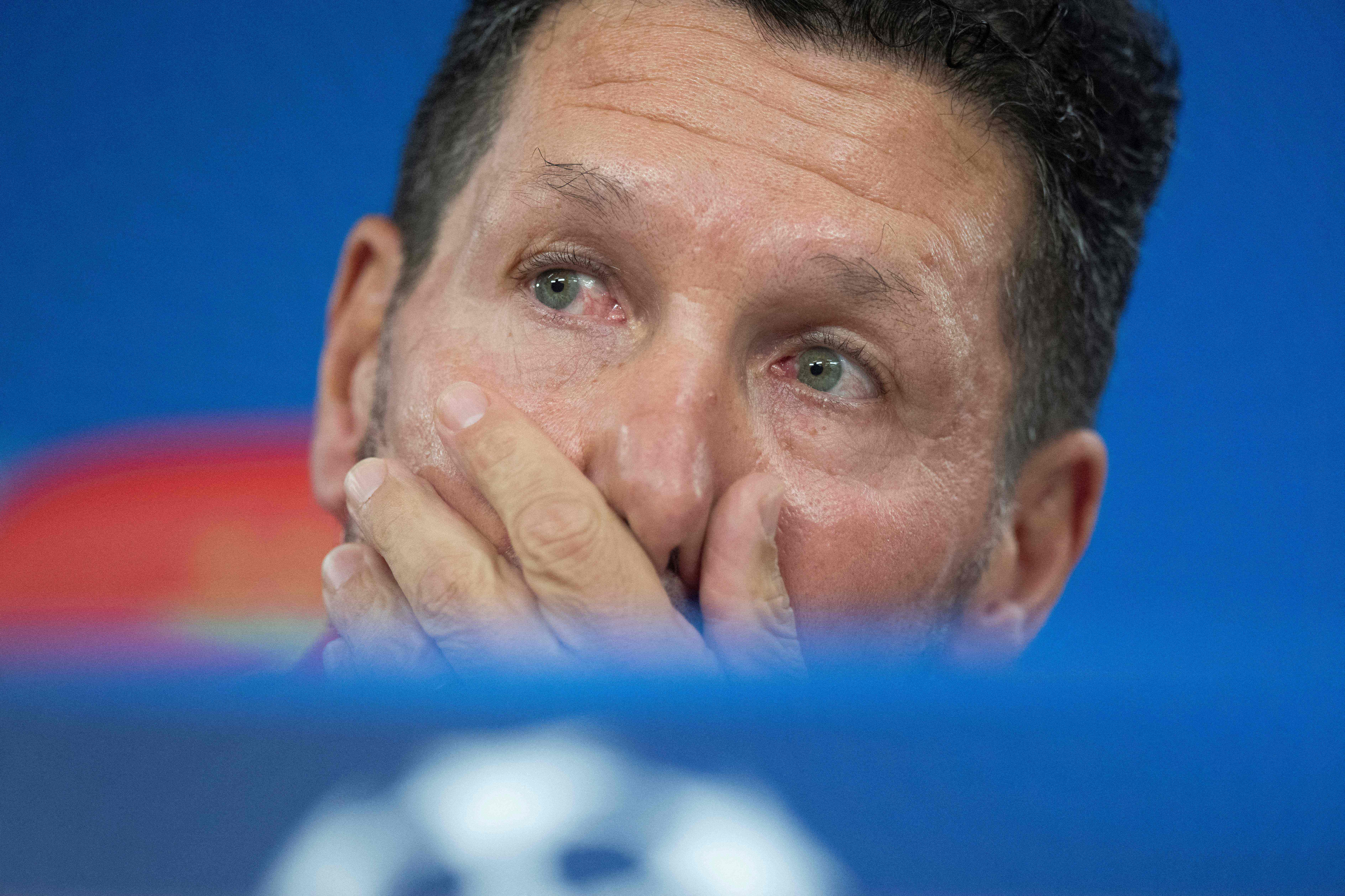 Atletico de Madrid�s coach Diego Simeone gives a press conference on the eve of their UEFA Champions League football match against SL Benfica at Luz stadium in Lisbon on October 1, 2024. (Photo by Patricia DE MELO MOREIRA / AFP)