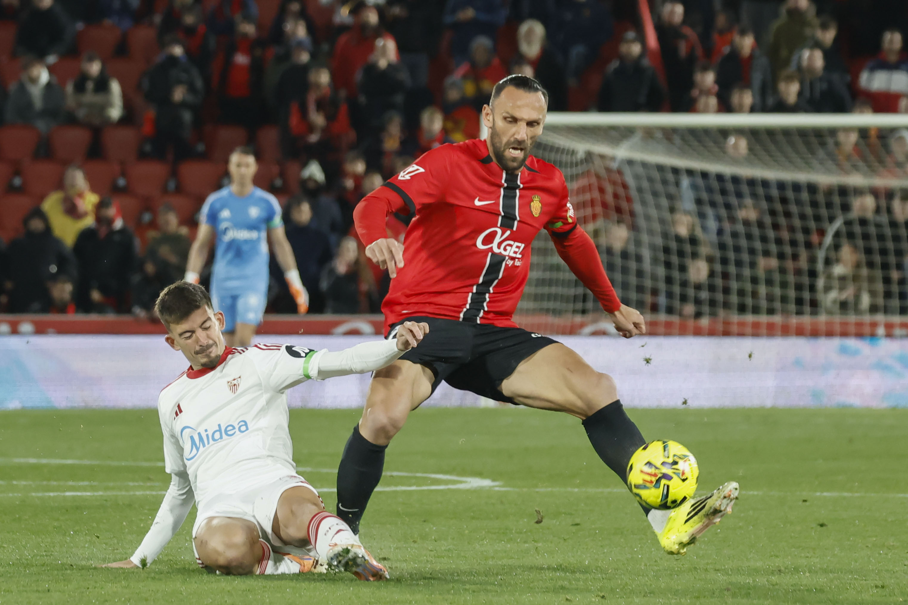 PALMA DE MALLORCA, 02/02/2026.- El delantero kosovar del Mallorca Vedat Muriqi (d) lucha con Kike Salas, del Sevilla, durante el encuentro correspondiente a la jornada 22 de LaLiga que disputan RCD Mallorca y Sevilla FC hoy lunes en el estadio de Son Moix, en la capital balear. EFE/CATI CLADERA.
