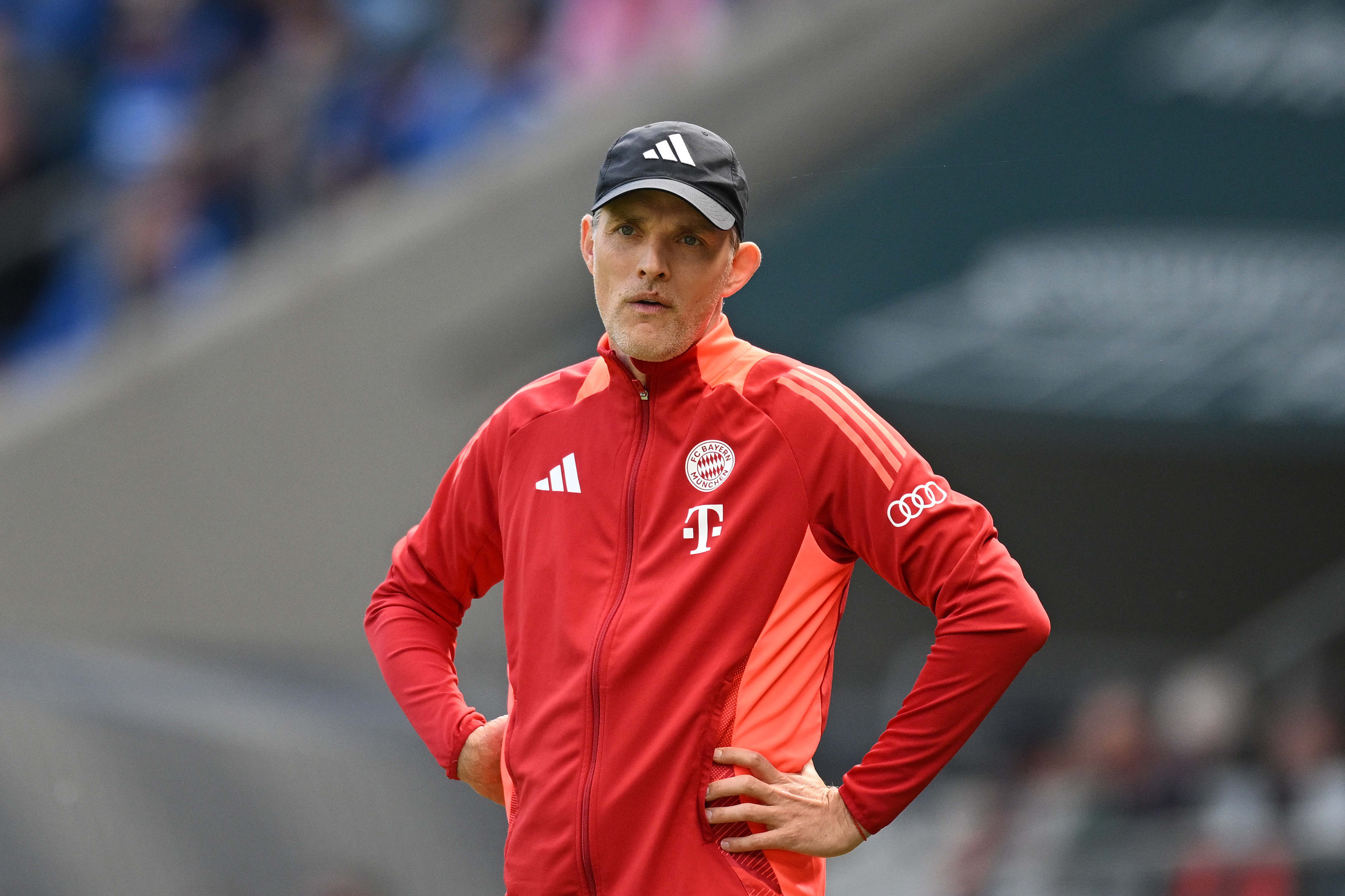 SINSHEIM, GERMANY - MAY 18: Thomas Tuchel, Head Coach of Bayern Munich, looks on during the Bundesliga match between TSG Hoffenheim and FC Bayern München at PreZero-Arena on May 18, 2024 in Sinsheim, Germany. (Photo by Matthias Hangst/Getty Images)